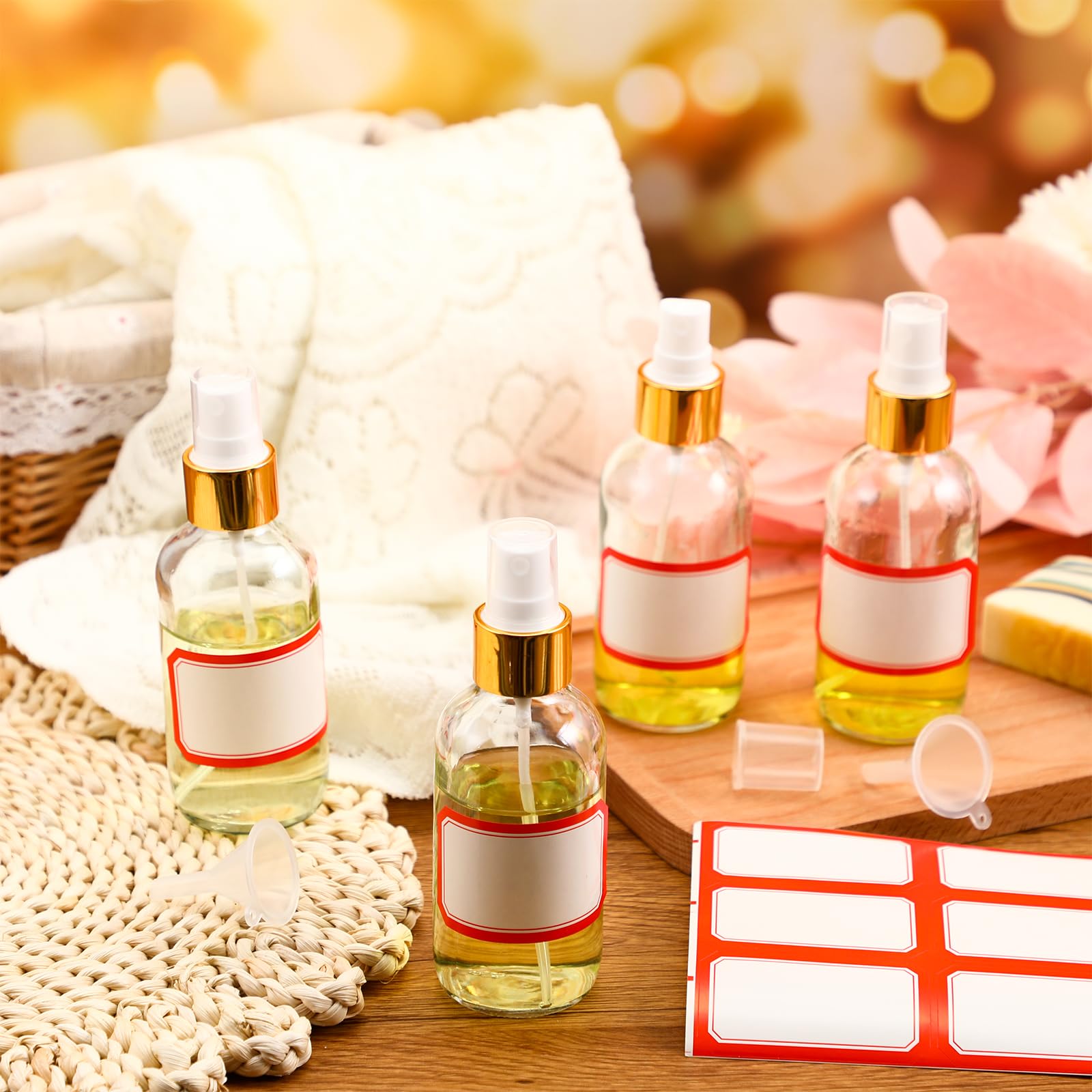 Fumete 36 Pcs Glass Spray Bottles 4Oz Fine Mist Glass Spray Bottle Refillable Liquid Containers With 6 Labels 6 Funnel For Hair