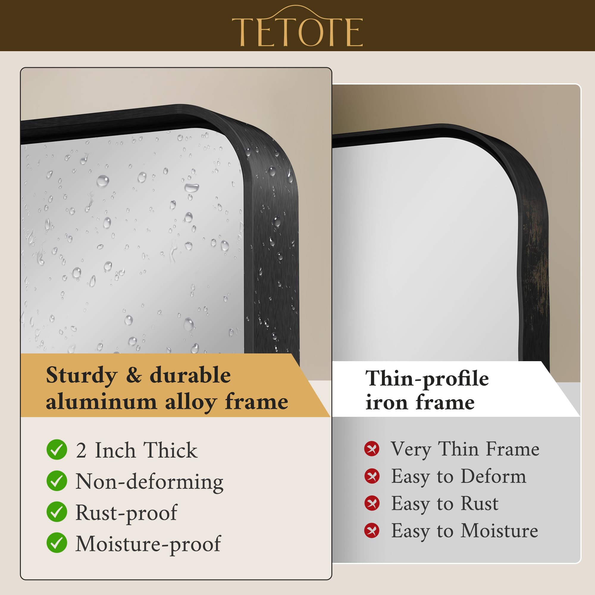 TETOTE 48x30 Inch Bathroom Mirror  Matte Black Modern Metal Frame Rectangle Wall Mounted Vanity Mirror (Horizontal/Vertical)