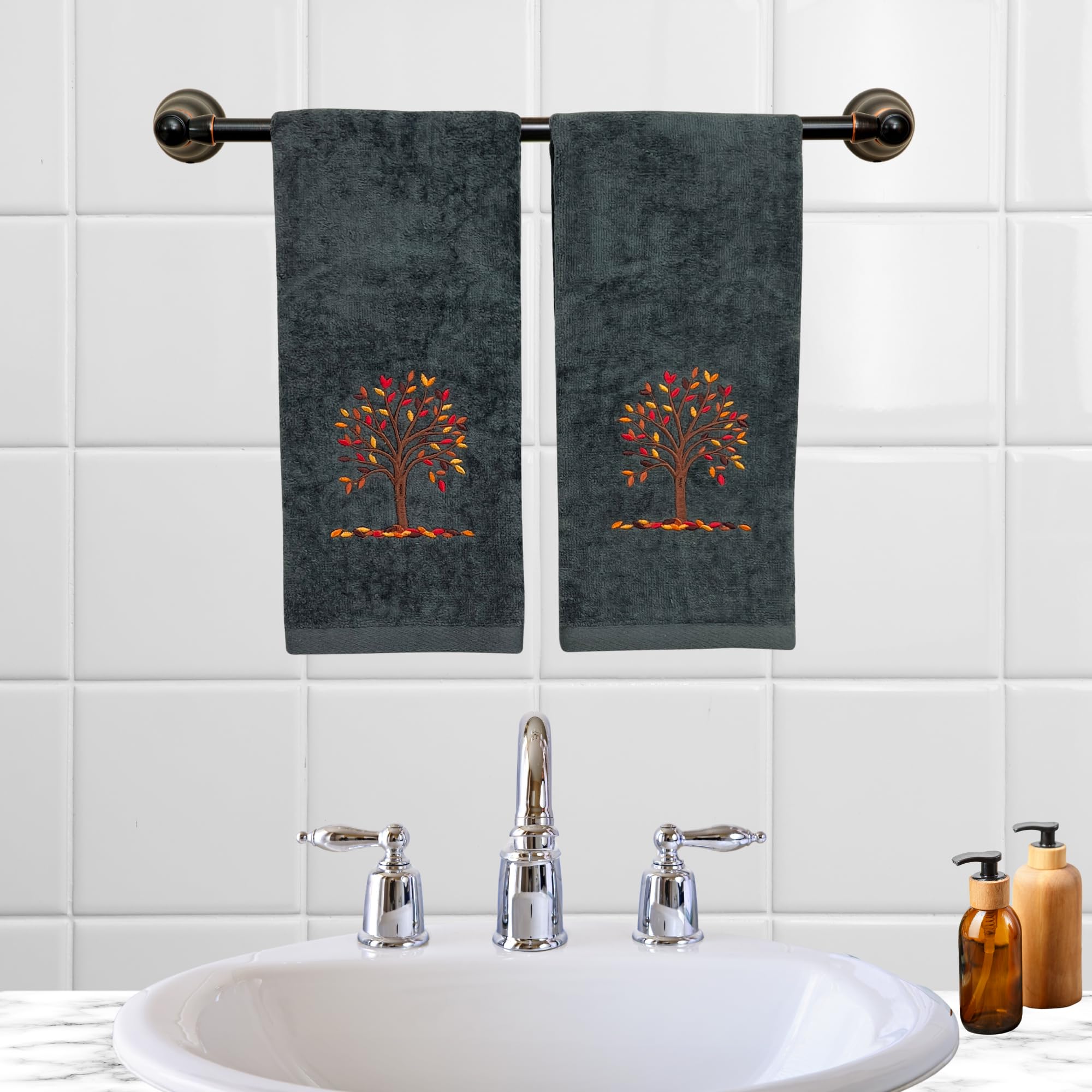 Harvest Fall Hand Towels: Plush Dark Grey Gray Cotton Towels With Autumn Tree Design Set Of 2, 16'' X 25'' Inch (Mod Harvest)