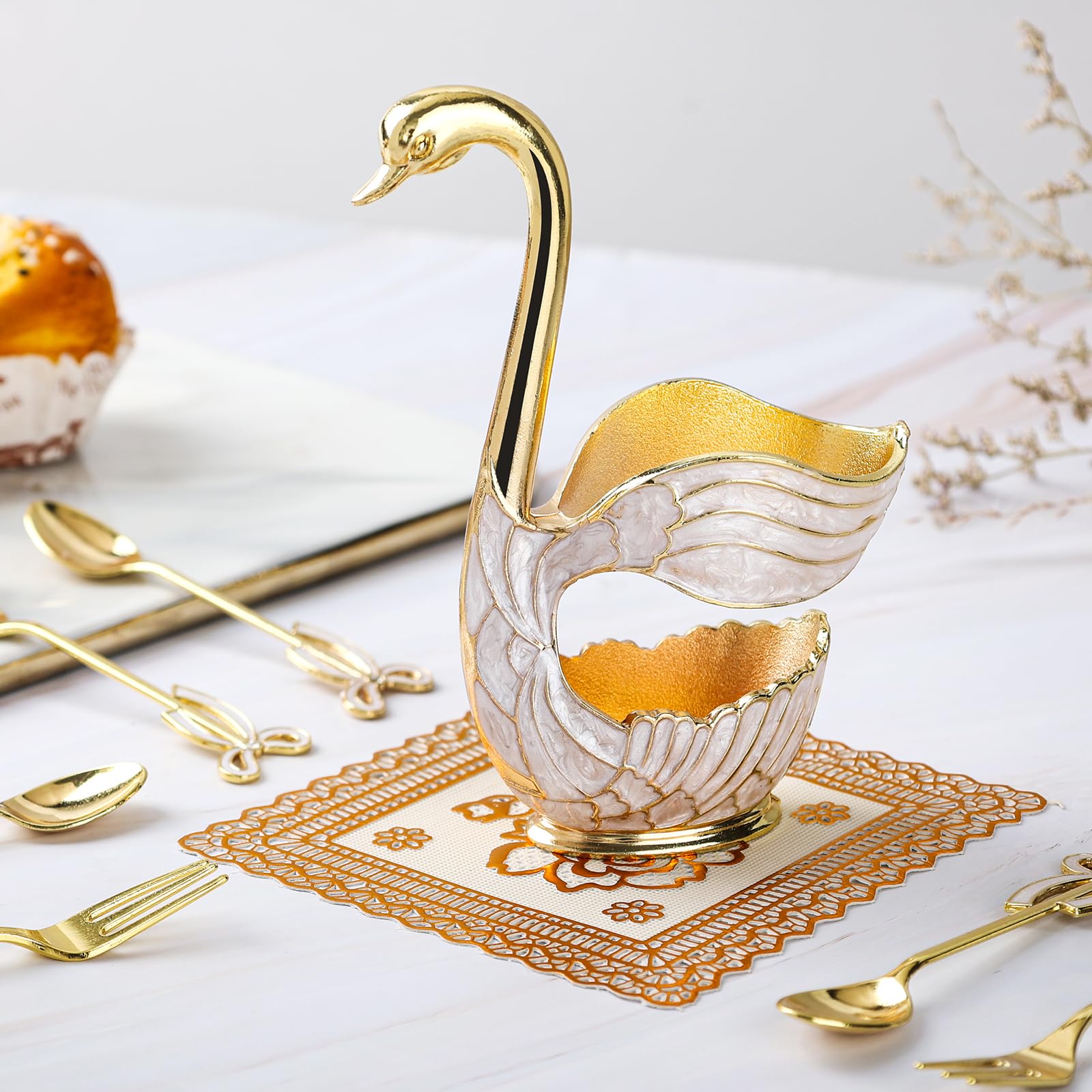 Gold Swan Base Holder,Table Decorative Swan Dessert Spoons Organizer Base Spoons Holder With 6Pcs Coffee Spoon Set,Elegant Gold