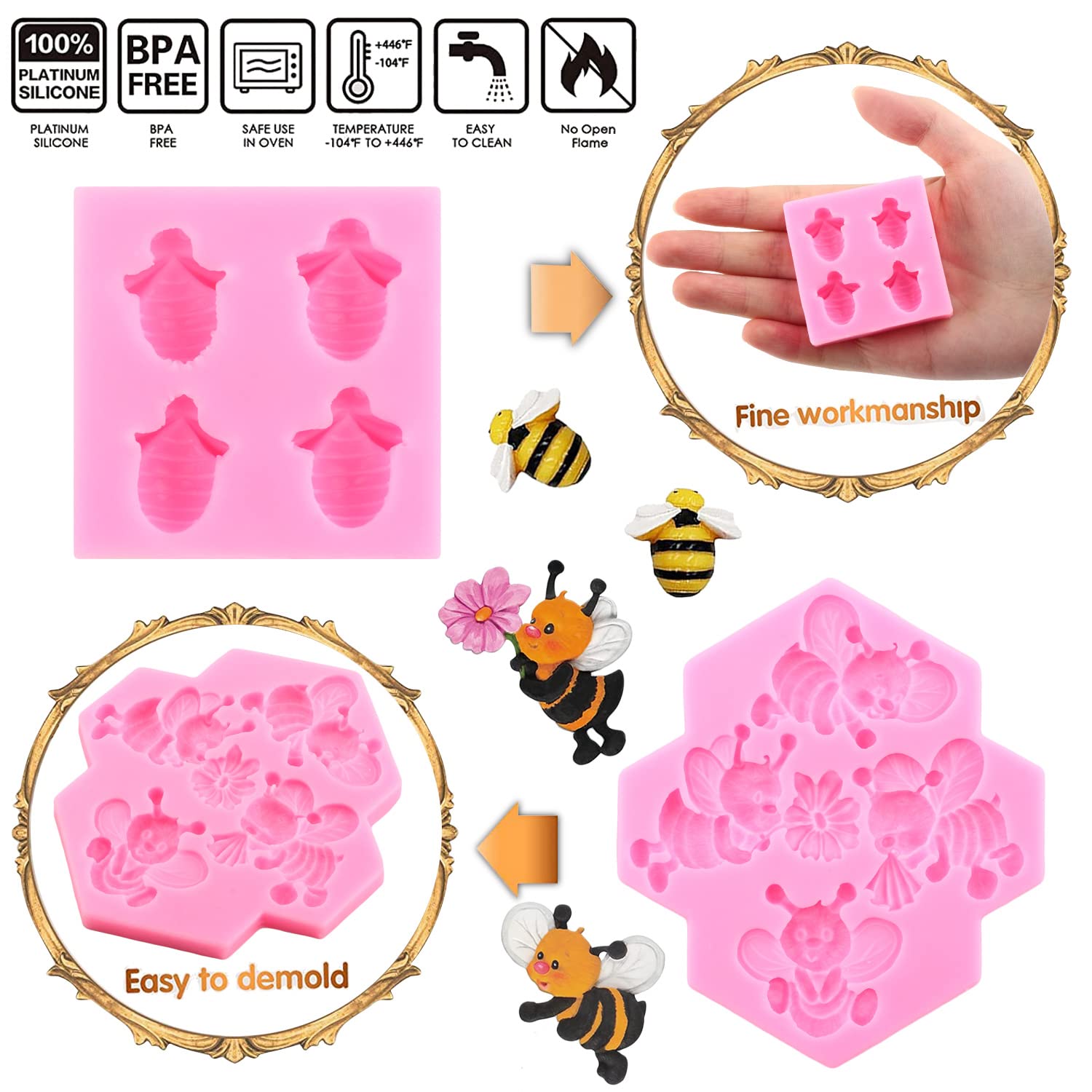 Lkdquthm Bumble Bee Silicone Mold Honeycomb Sunflower Bee Fondant Molds For Cupcake Topper Cake Decorating Sugar Chocolate Candy
