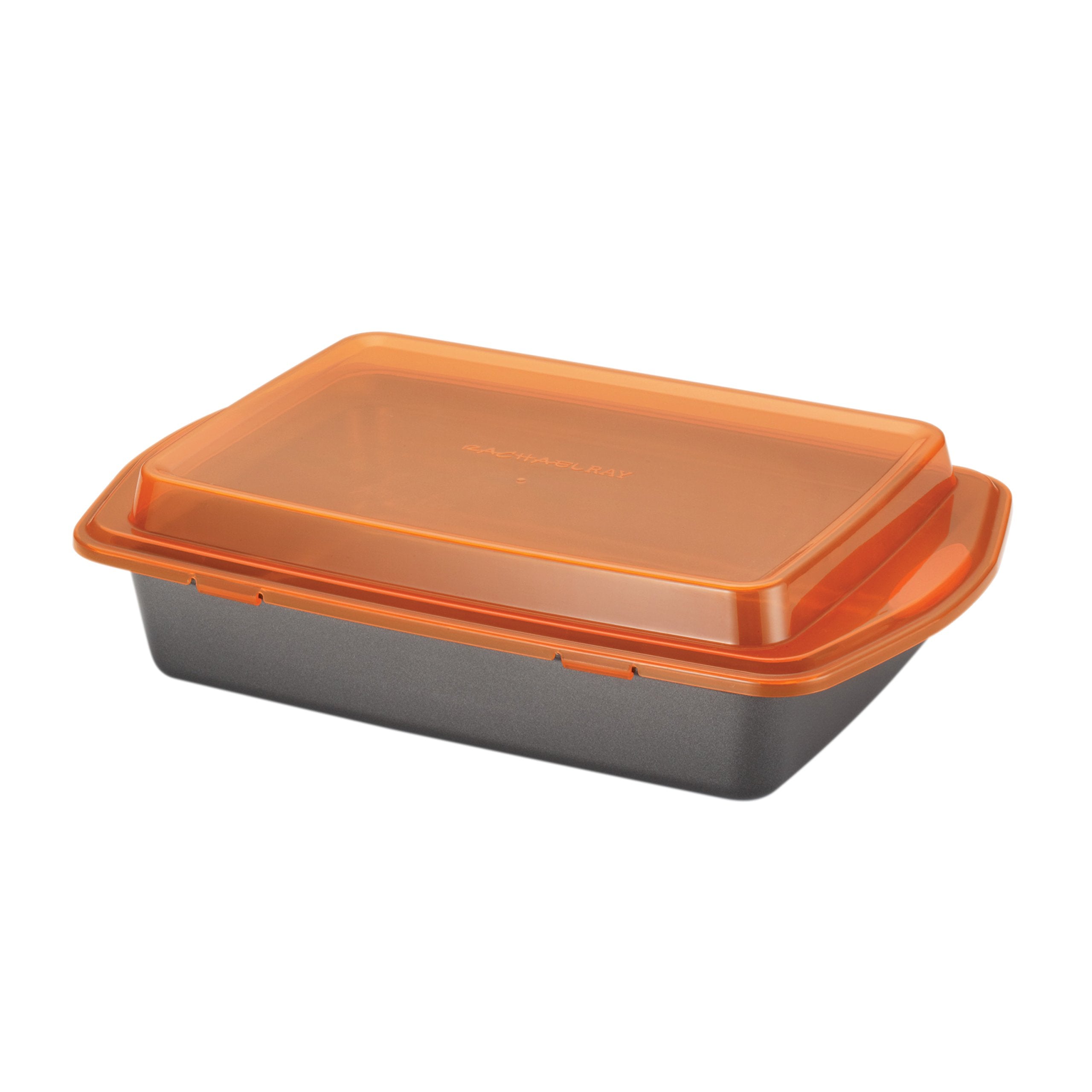 Rachael Ray Nonstick Bakeware Cake Pan with Lid, 9"x13", Gray with Orange Grips, Model 57994, Steel Material