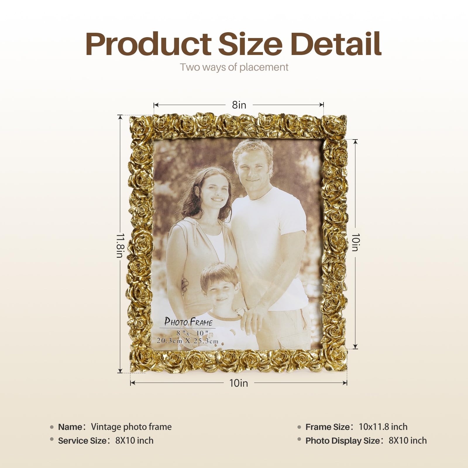 Cuspin 8x10 Picture Frame Vintage, Gold Ornate Rose Flower Resin Photo Frame with Glass Front for Tabletop, Antique Picture Fram