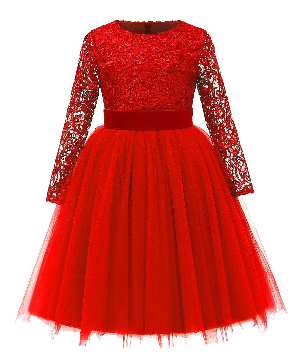 Flower Girl Dress Long Sleeves Lace Top Tulle Skirt Girls Lace Party Dresses (Size 4,Red)