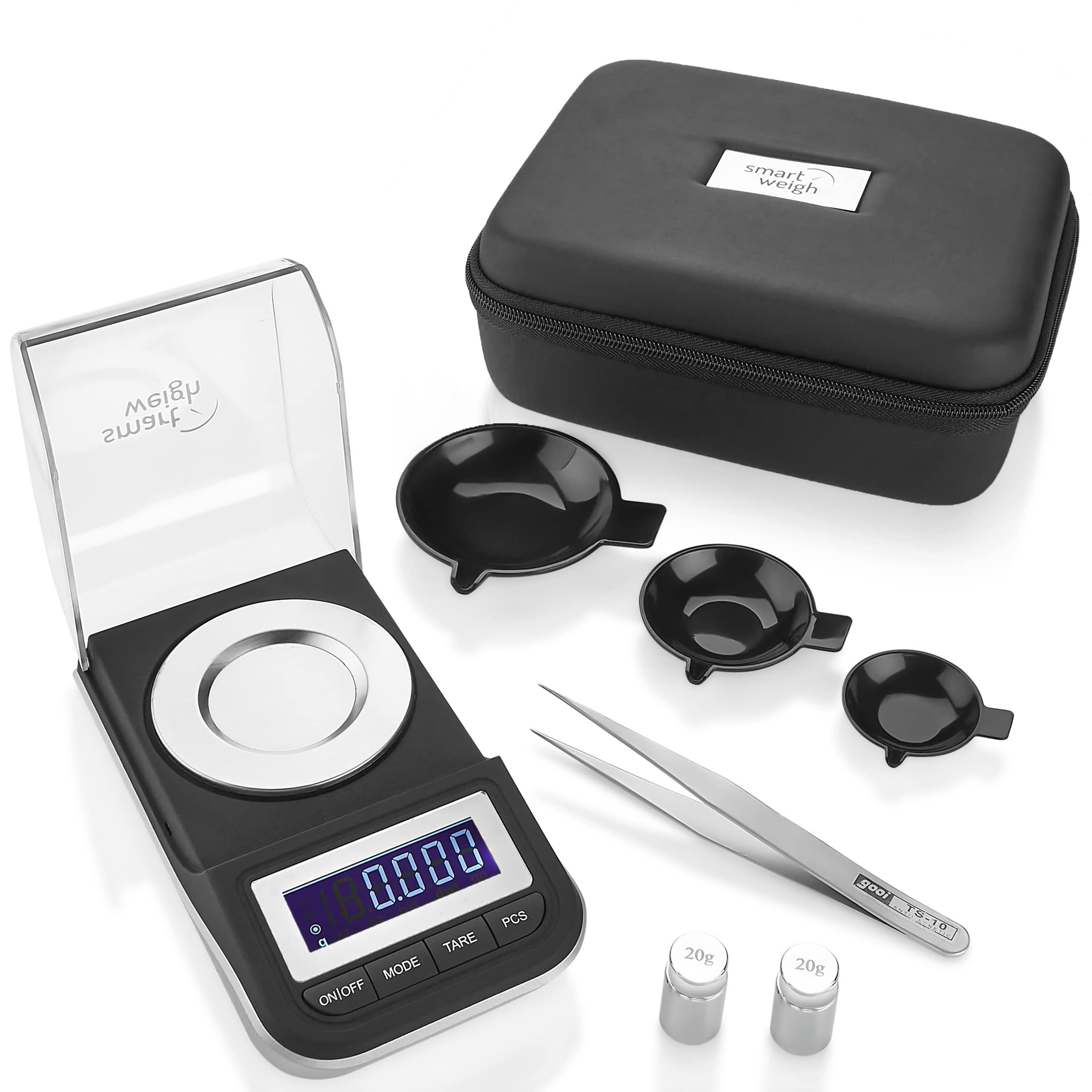 Smart Weigh 50G X 0001 Grams, Premium High Precision Digital Milligram Scale, Includes Tweezers, Calibration Weights,Three Weigh