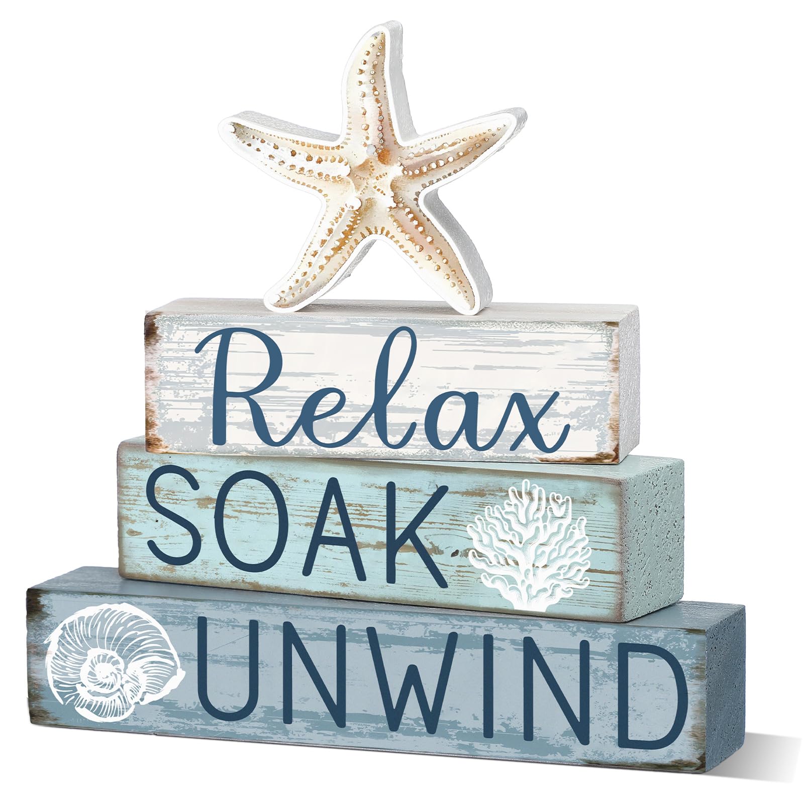 Cinnvoice 4 Pcs Coastal Beach Bathroom Decor Farmhouse Bathroom Decoration Relax Soak Unwind Table Centerpiece Gift for Christma