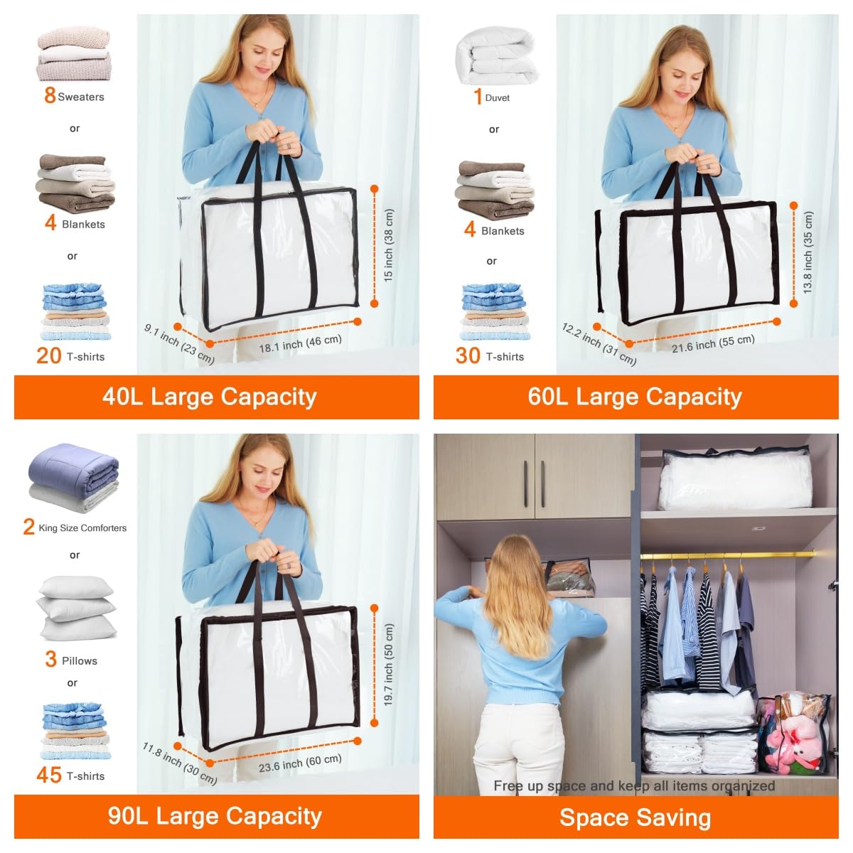 Vieshful 3 Pack Clear Clothes Storage Bag, Zippered Closet Organizer, Plastic Storage Containers Moving bags for Comforter, Blan