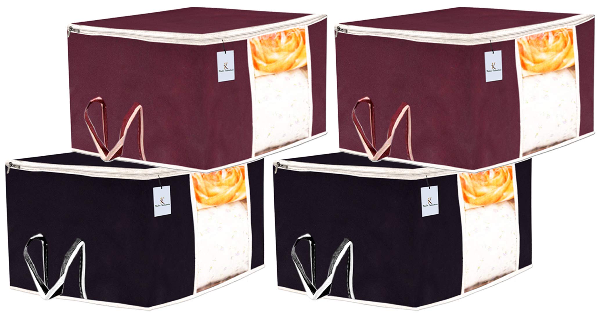 Heart Home 4 Piece Non Woven Underbed Storage Bag,Storage Organiser,Blanket Cover With Transparent Window,Extra Large, Maroon & 