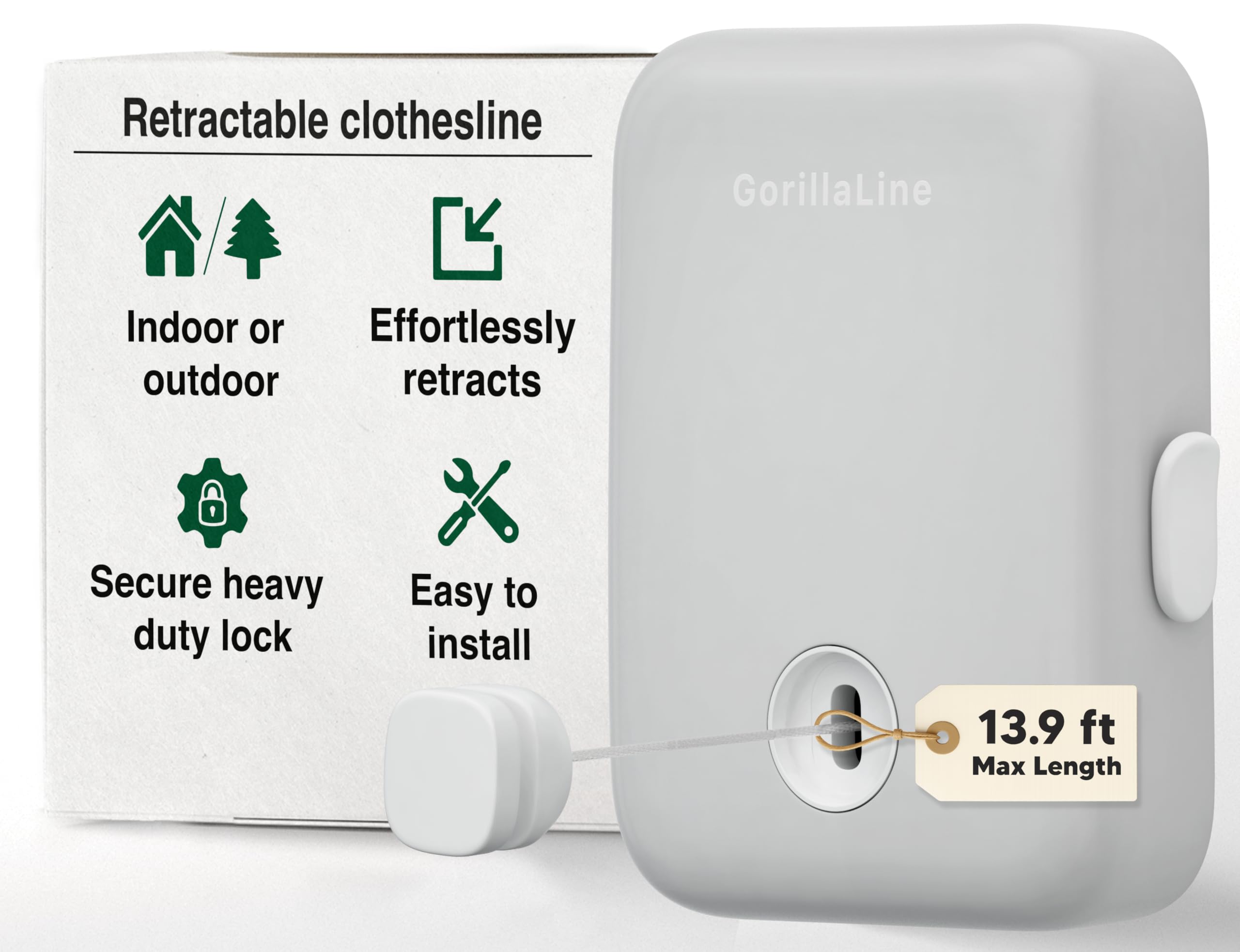 GorillaLine Retractable Clothesline - Heavy Duty Wall Mounted Drying Rack - Medium Light Grey Stainless Steel