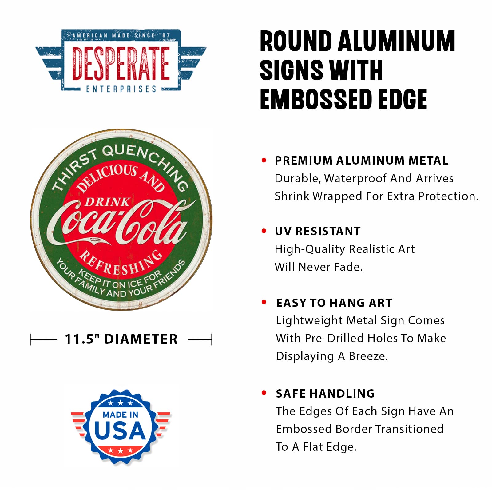 Desperate Enterprises Drink Coca-Cola Thirst Quenching Round Aluminum Sign with Embossed Edge - Nostalgic Vintage Metal Wall Decor - Made in USA