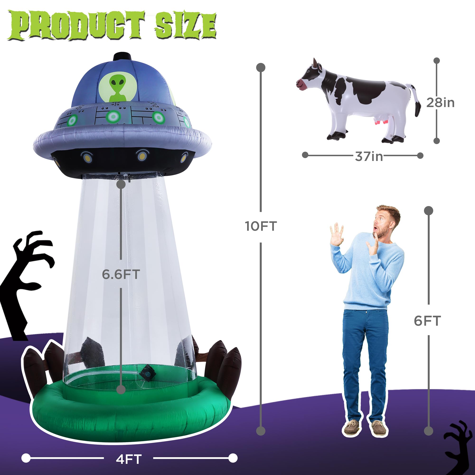ZPISF 10 FT Halloween Inflatables UFO with Floating Cow Outdoor Decorations, Blow Up UFO Halloween Yard Decorations for Front La