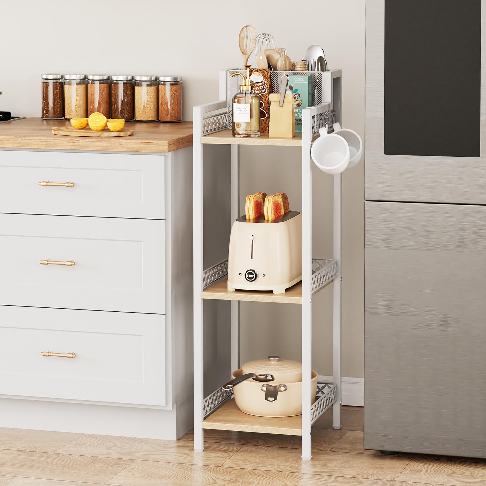 FURFUN Slim Bathroom Storage Shelf Unit, 3 Tier Corner Storage, Rustic Makeup Organizer, Space-Saving Floor Standing Storage She