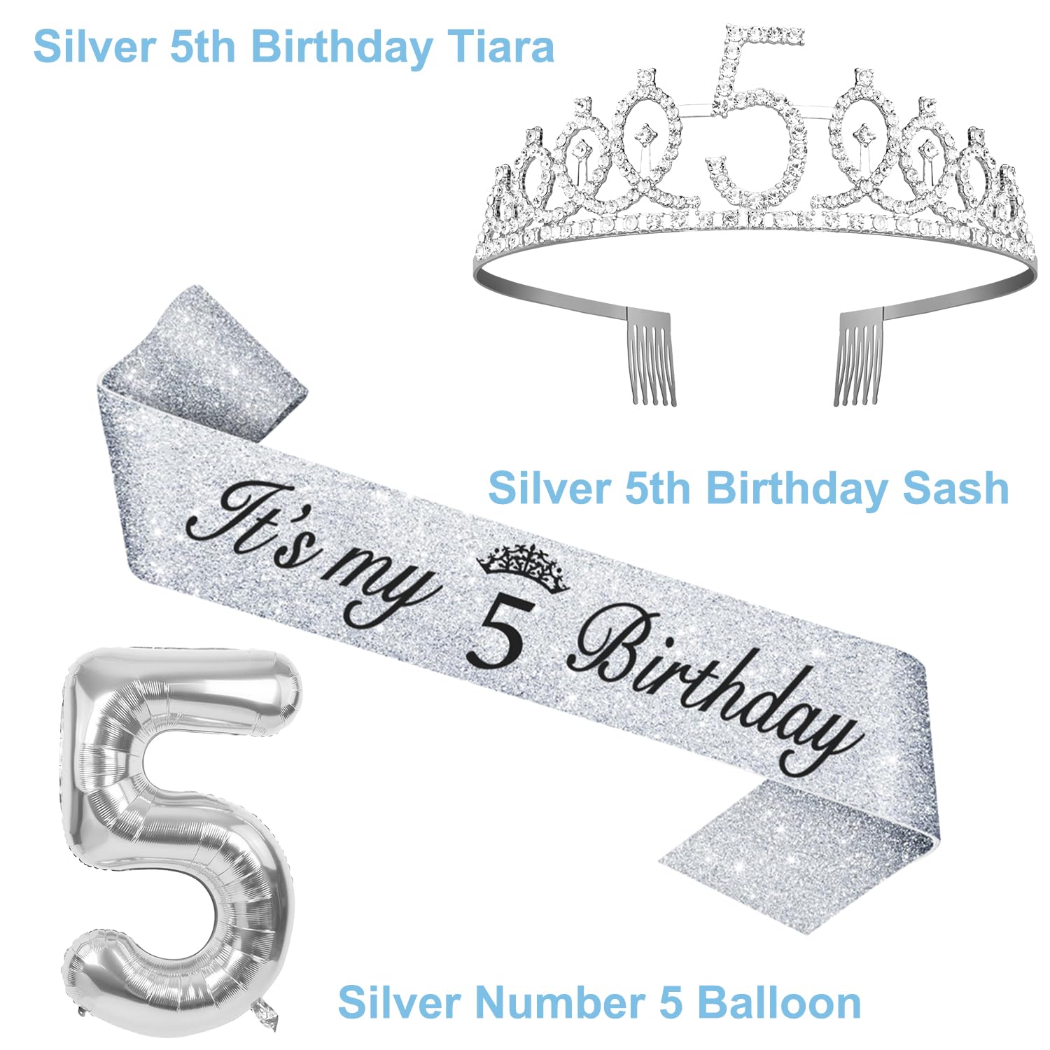 5th Birthday Decorations for Girls Silver with 5th Birthday Sash and Tiara, Cake Topper and Candle, Silver Number Balloon, 5 Yea