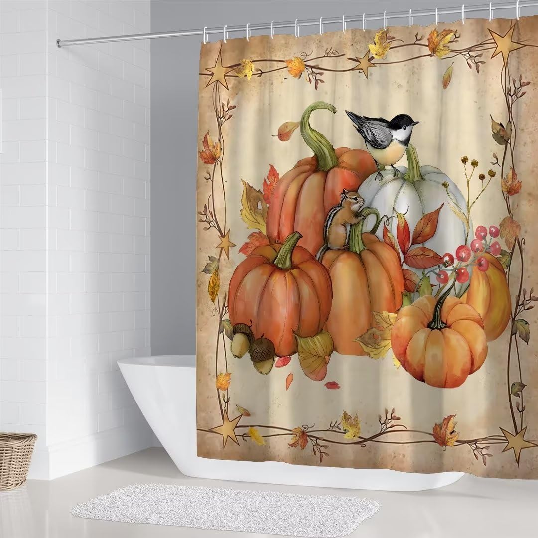 FZDHHY 4Pcs Pumpkin Shower Curtain Set Fall Bathroom Set Thanksgiving Bathroom Decor Set Autumn Shower Curtain Set with Rugs wit