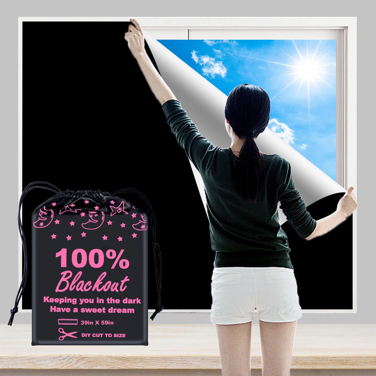 BoxElfos 100% Blackout Blind Curtains Window Cove (39x 59)[DIY Cut to Any Size or Shape] [Hook & Loop Tabs][ Portable Bags for T