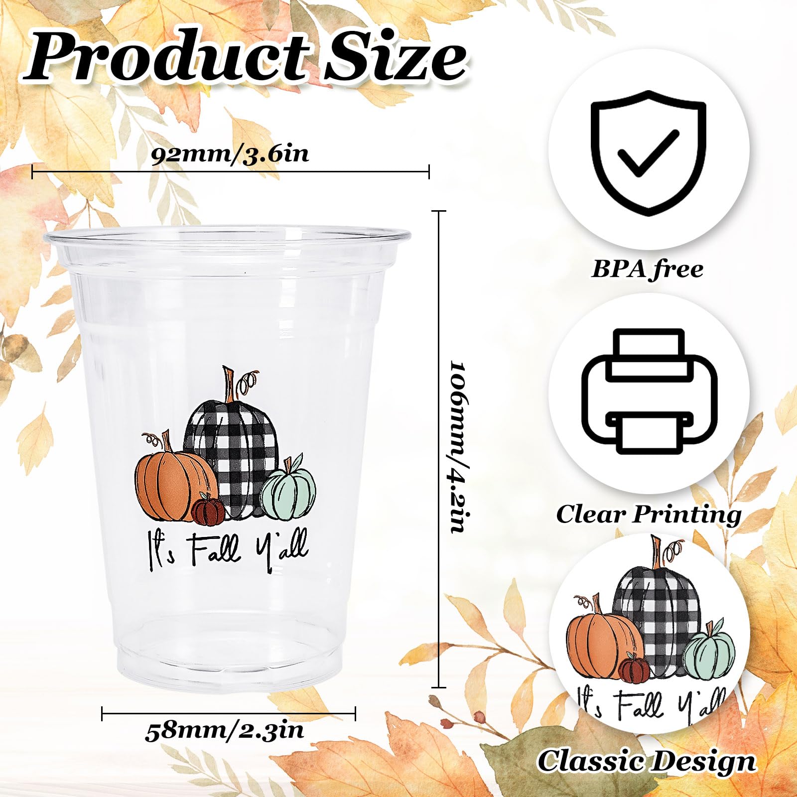 Whaline 50 Pieces 12 oz Fall Disposable Cups Black White Plaid Pumpkin Plastic Party Cups Happy Fall Clear Plastic Glasses for A