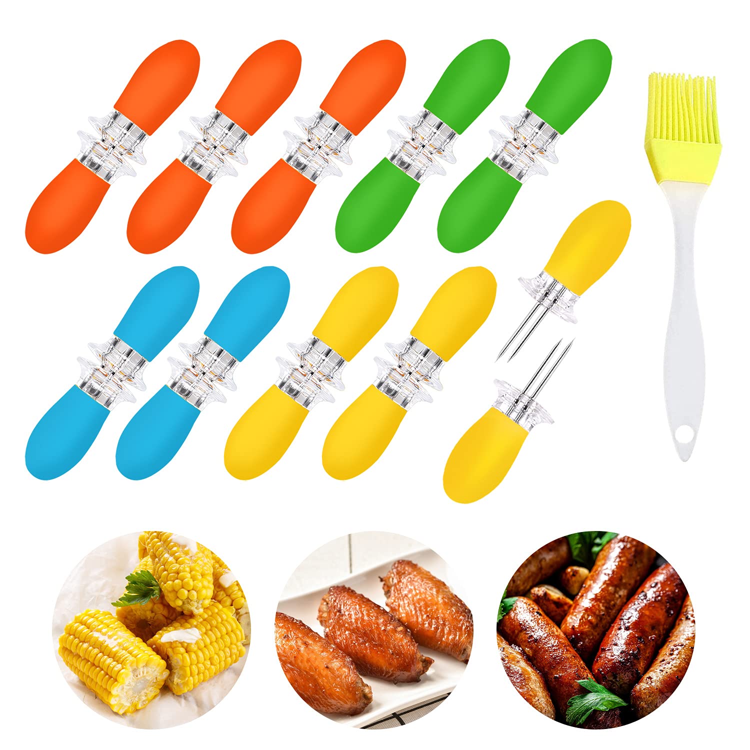Augsun 20Pcs/10 Pairs Stainless Steel Corn Cob Holders Bbq Forks Skewers Corn On The Cob With 1 Oil Brush For Home Cooking Parti