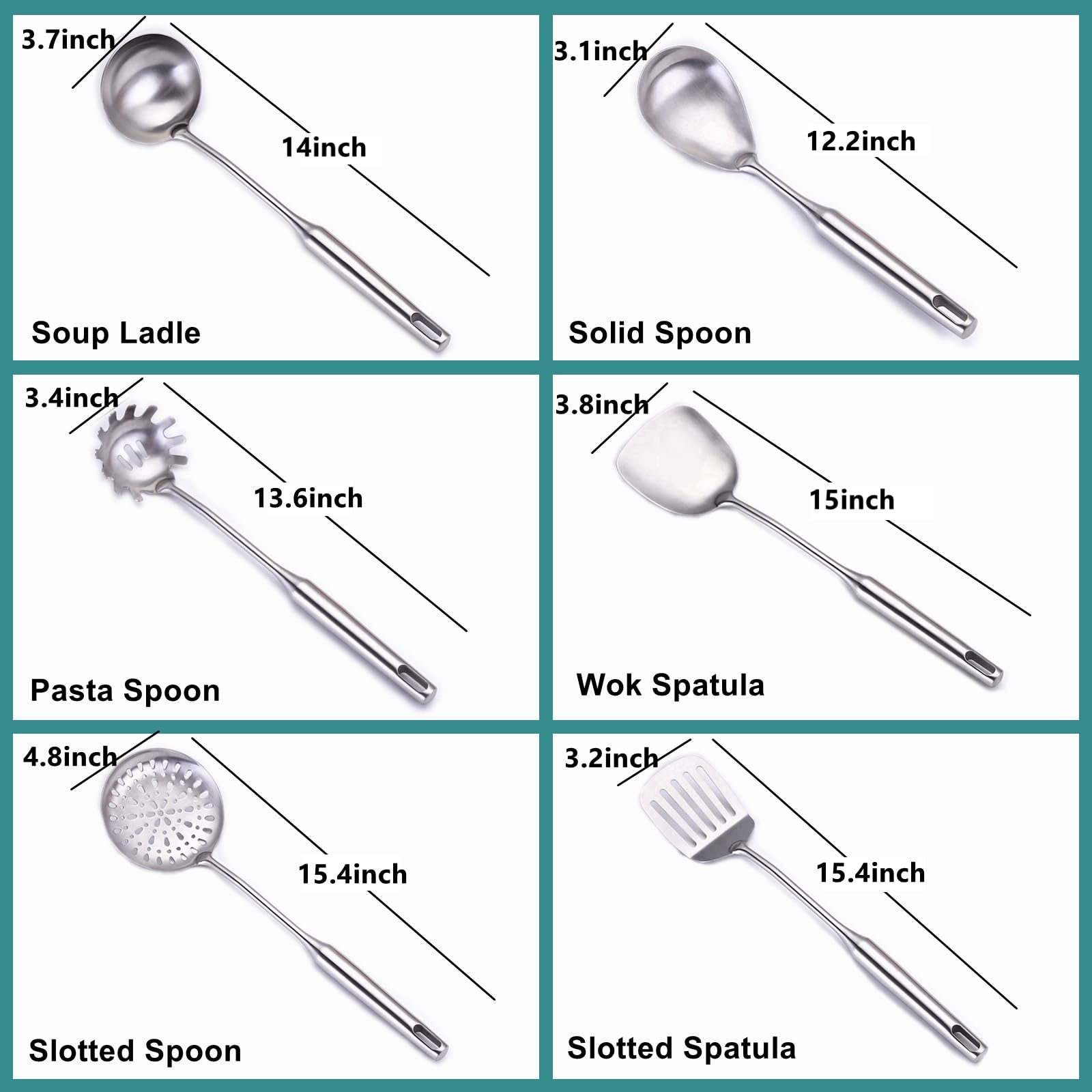 Cooking Utensils Set Stainless Steel Kitchen Metal Serving Utensils Set Of 6 Pcs-Wok Spatula Ladle Set, Skimmer Slotted Spoon, P