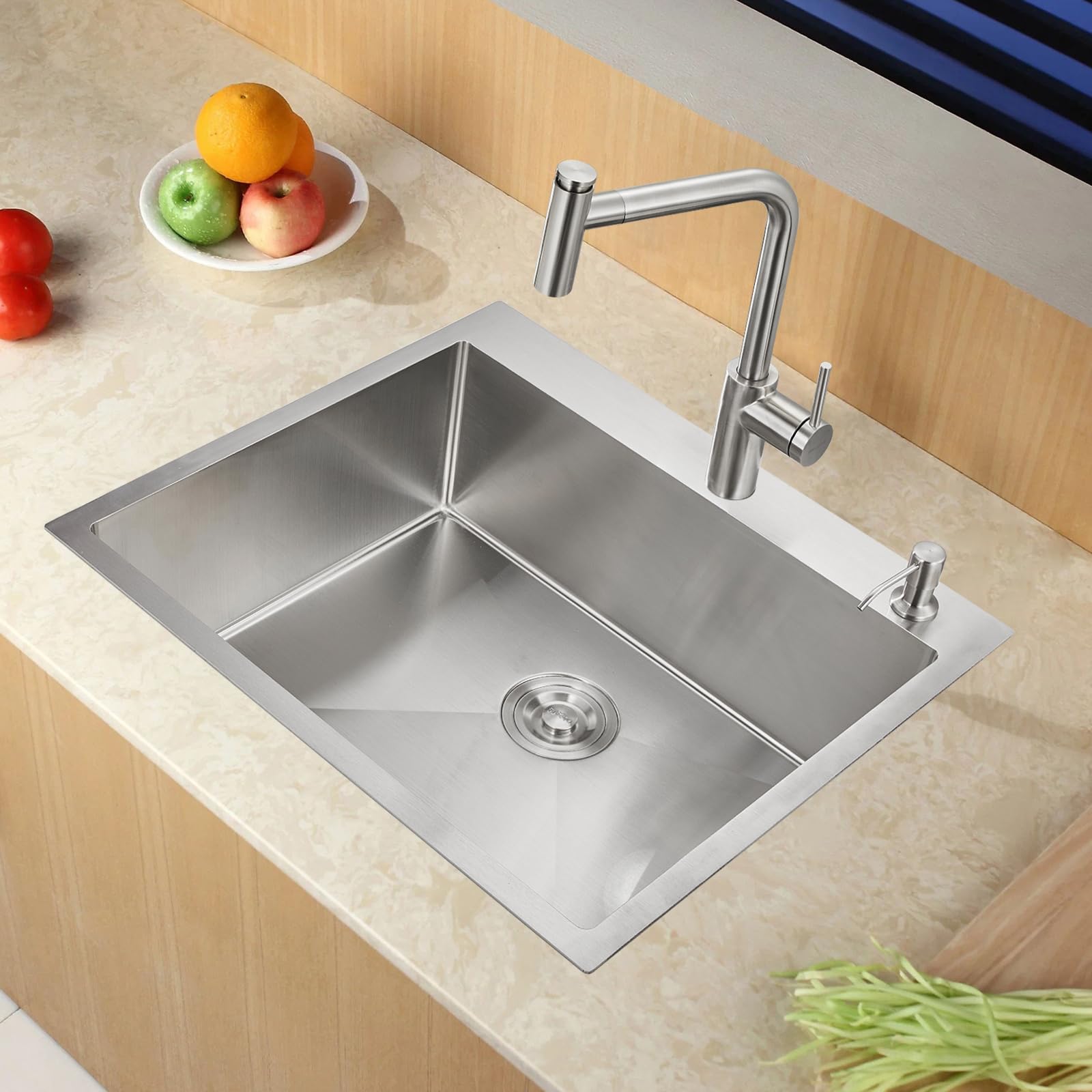 Rovogo 25X22X8.7 In. Drop-In Kitchen Sink Single Bowl With Rear Drain, 18 Gauge Stainless Steel Handmade Top Mount Sink With 2-H