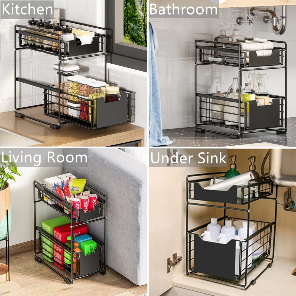 Lexza 2 Pack - 2-Tier Under Sink Organizers And Storage With Sliding Storage Drawer For Kitchen And Bathroom Cabinet Countertop,