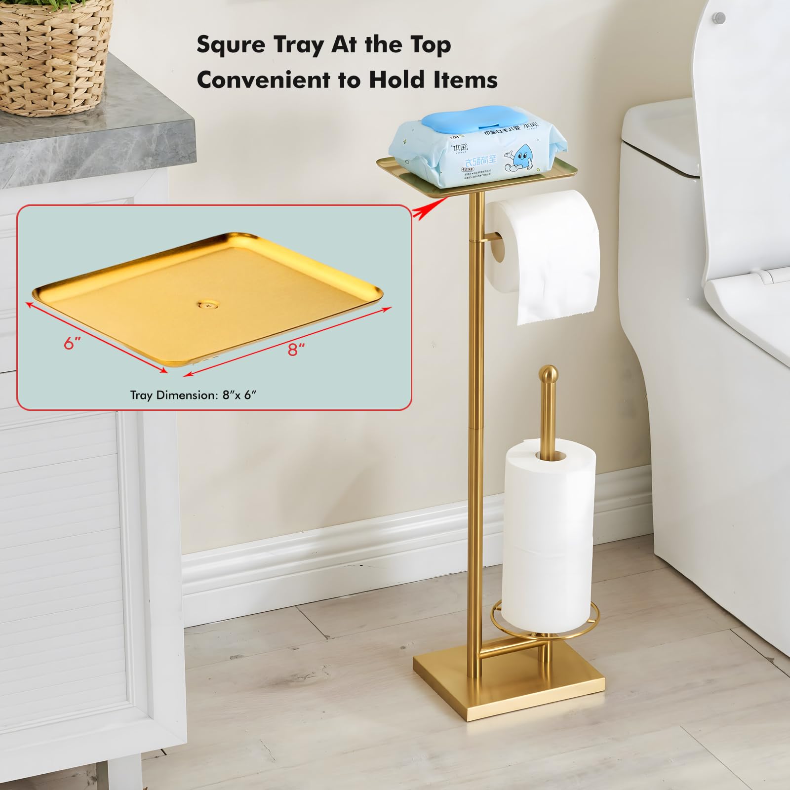 Sfemn Toilet Paper Holder With Tray At The Top, Heavy-Weighted Base No Wobbly, Freestanding Toilet Paper Rolls Stand, Hold Extra