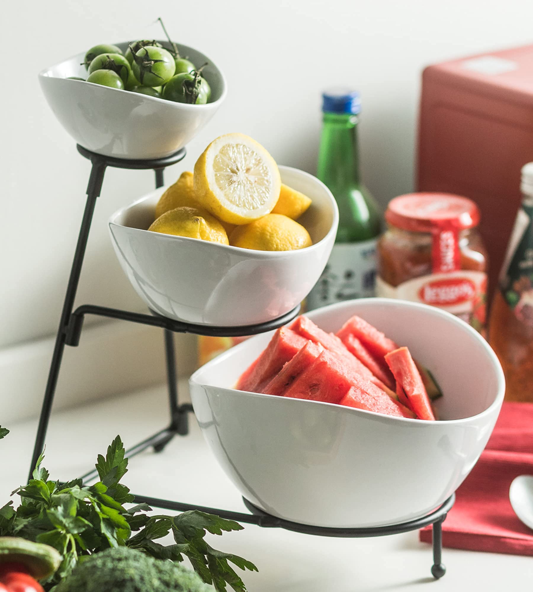 Yhosseun 3 Tier Serving Stand With 3 Oval Porcelain Serving Bowl Set With Collapsible Thicker Sturdier Metal Rack (Black)