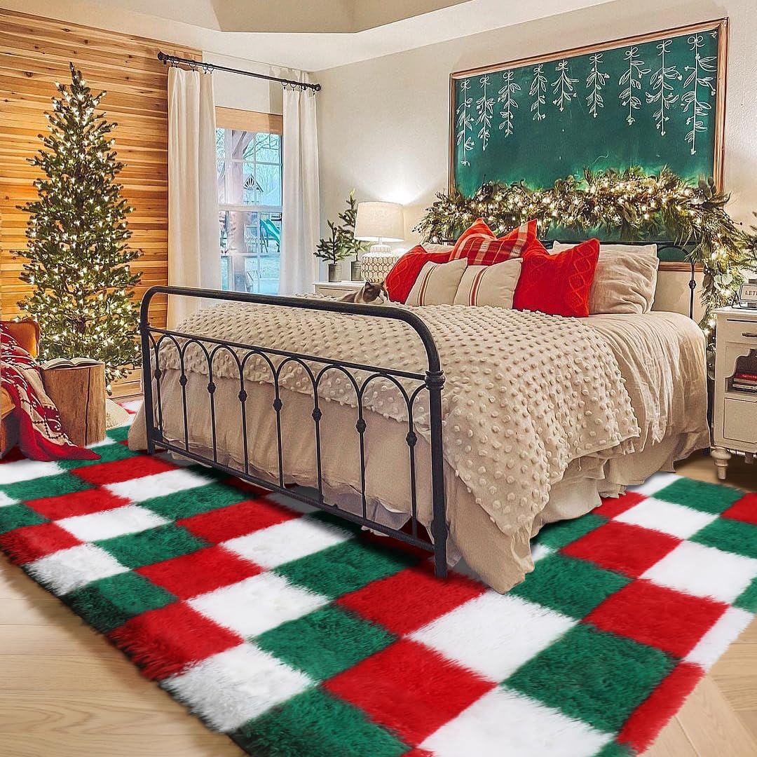 KICMOR Christmas Rug for Living Room, Fluffy Soft 5x8 Area Rug Red Green White Checkered Shag Shaggy Fuzzy Bedroom Carpet, Indoo