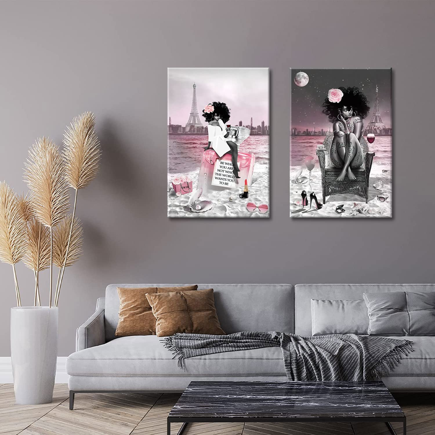 2 Pieces African American Black Girl Wall Art Decor Fashion Modern Pink And Black Beach Paris Eiffel Tower Drawing Painting Pict