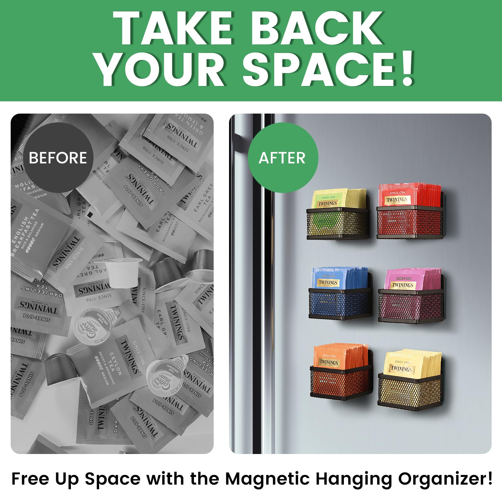 Junlynest Magnetic Tea Bag Organizer - 6-Piece Metal Tea Organizer For Refrigerator, Kitchen Shelf And Counter, Stylish & Space