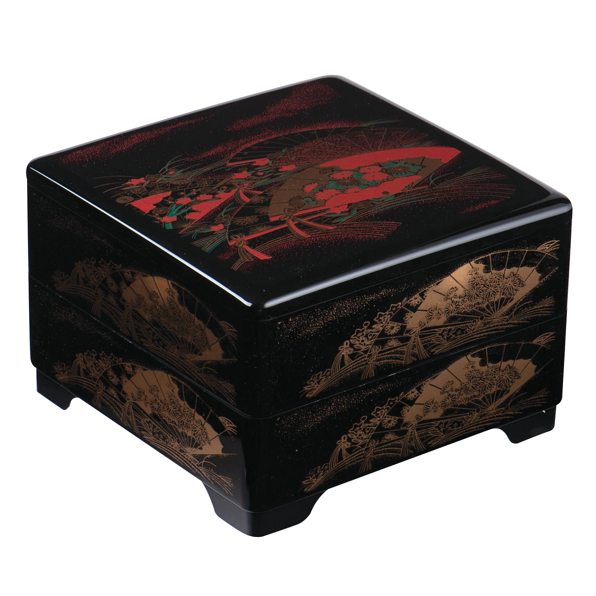 Ippinka Japanese Traditional Jyubako Bento Box, Made In Japan, Gold Fan, 8.4 X 8.4 X 5.9