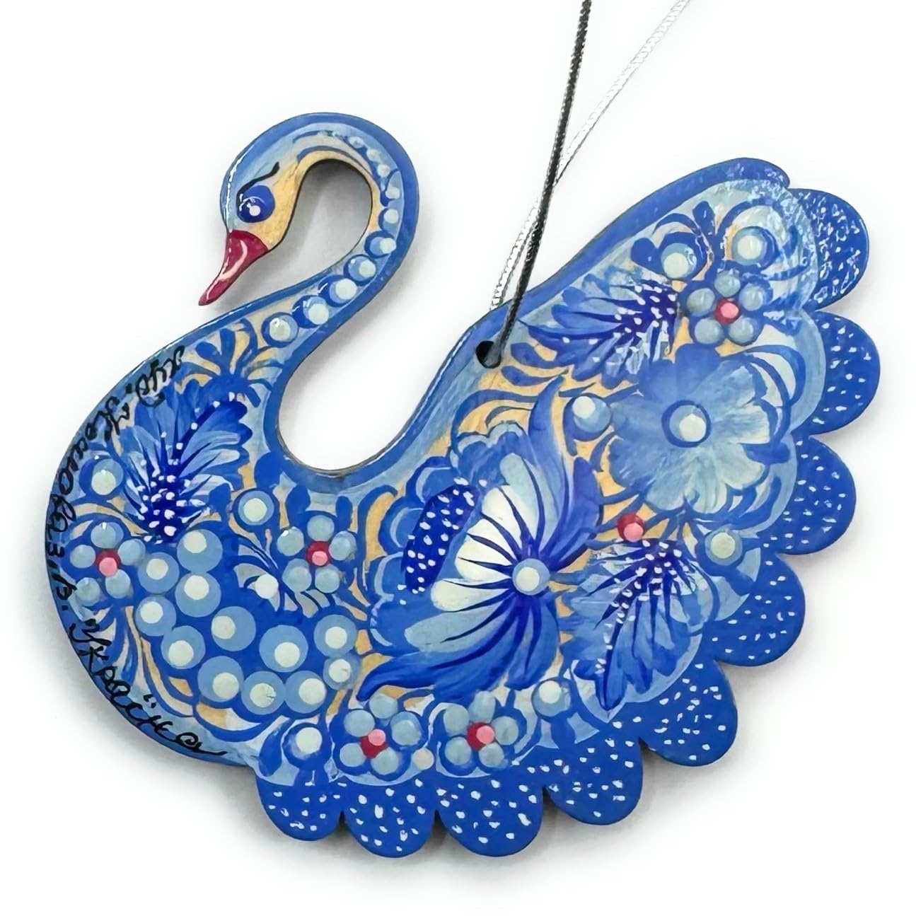 Swan Christmas Tree Ornament Bird Made of Wood, Hand-Painted on Both Sides. 3,5 x 3,5 x 0,2 inch, Handcrafted in Ukrainian Petry