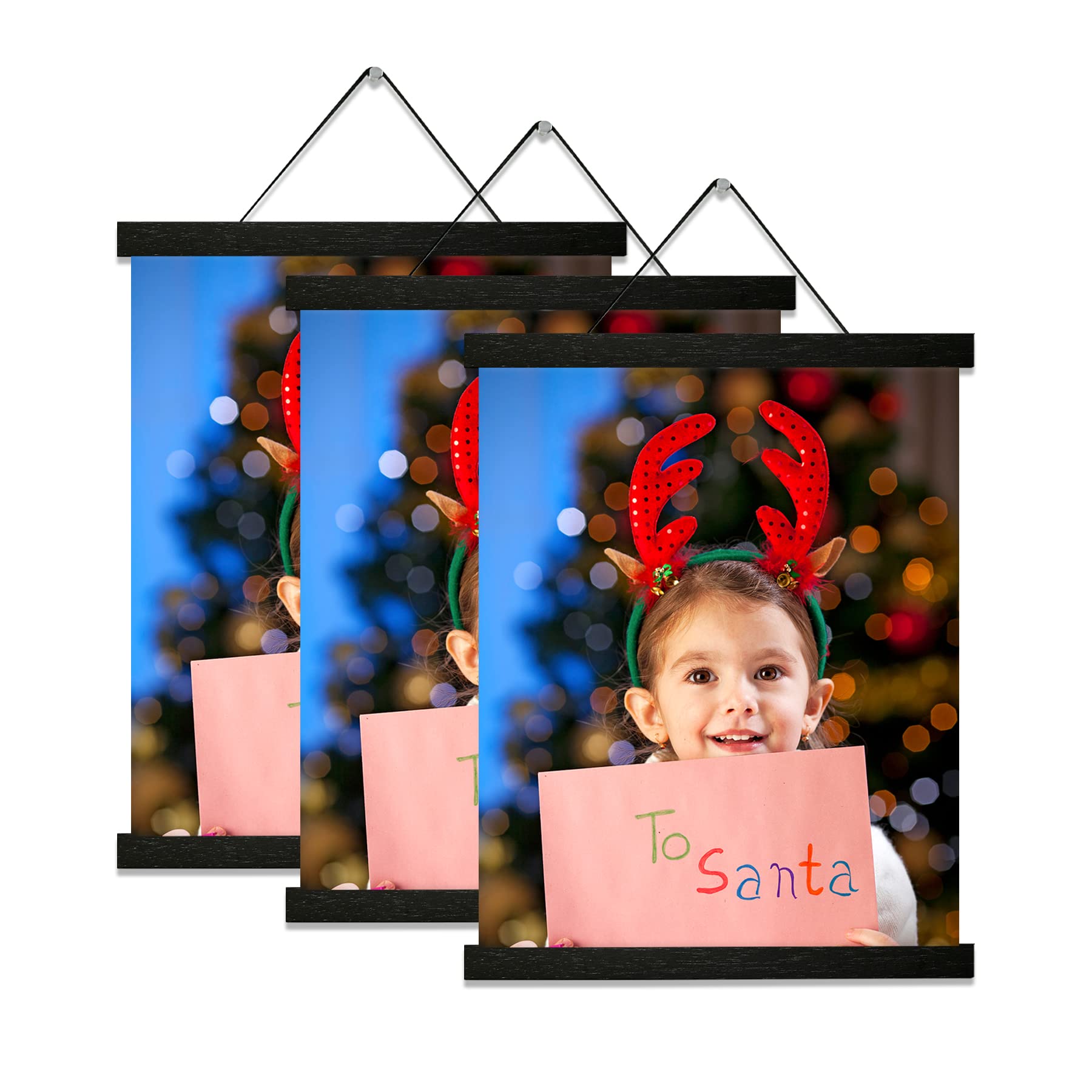 Yk Artwood 3 Pack Magnetic Poster Hanger Black 8 Inch, 8X10 8X12 8X16 Poster Frame Wood Wooden Magnet Print Posters Dowel Scroll