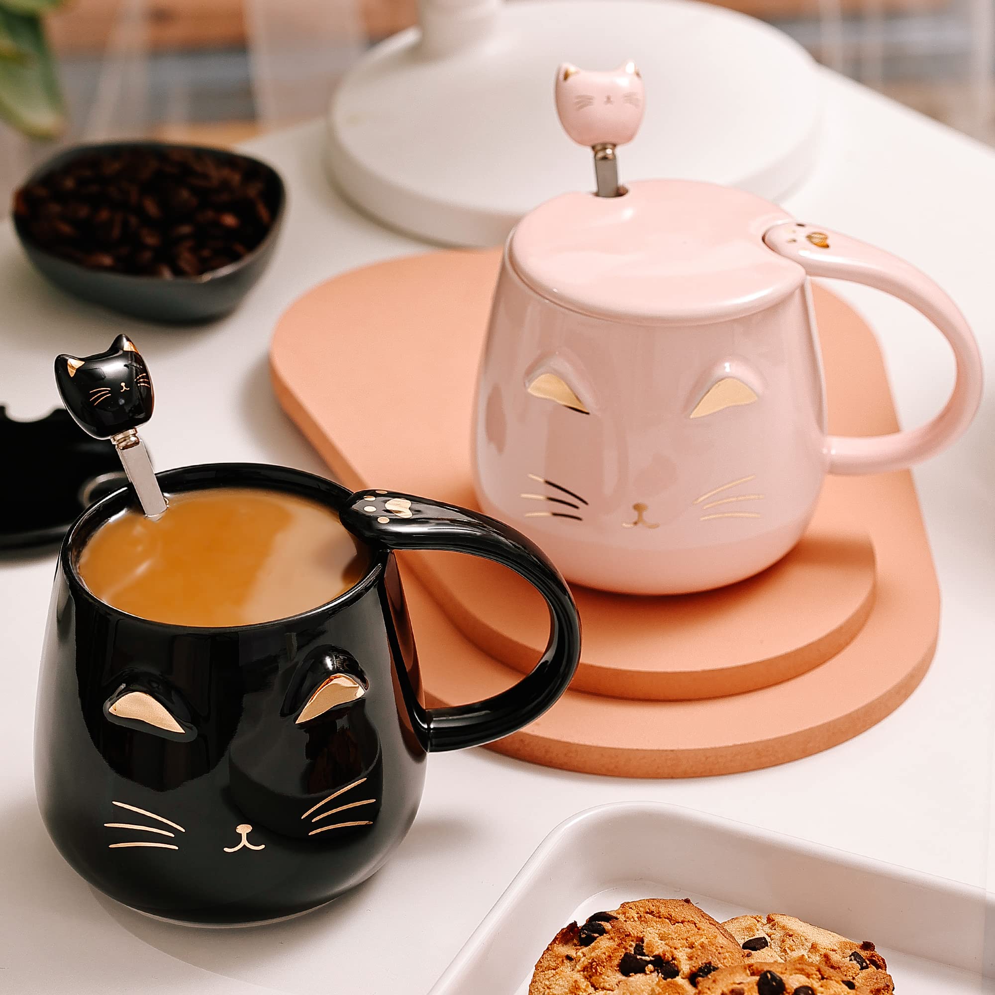 Dongshangift Cat Mugs Set Of 2 Cute Cat Tea Cup Set Ceramic Coffee Mug With Lid And Spoon Cute Mugs For Women Girls Cat Lovers 1
