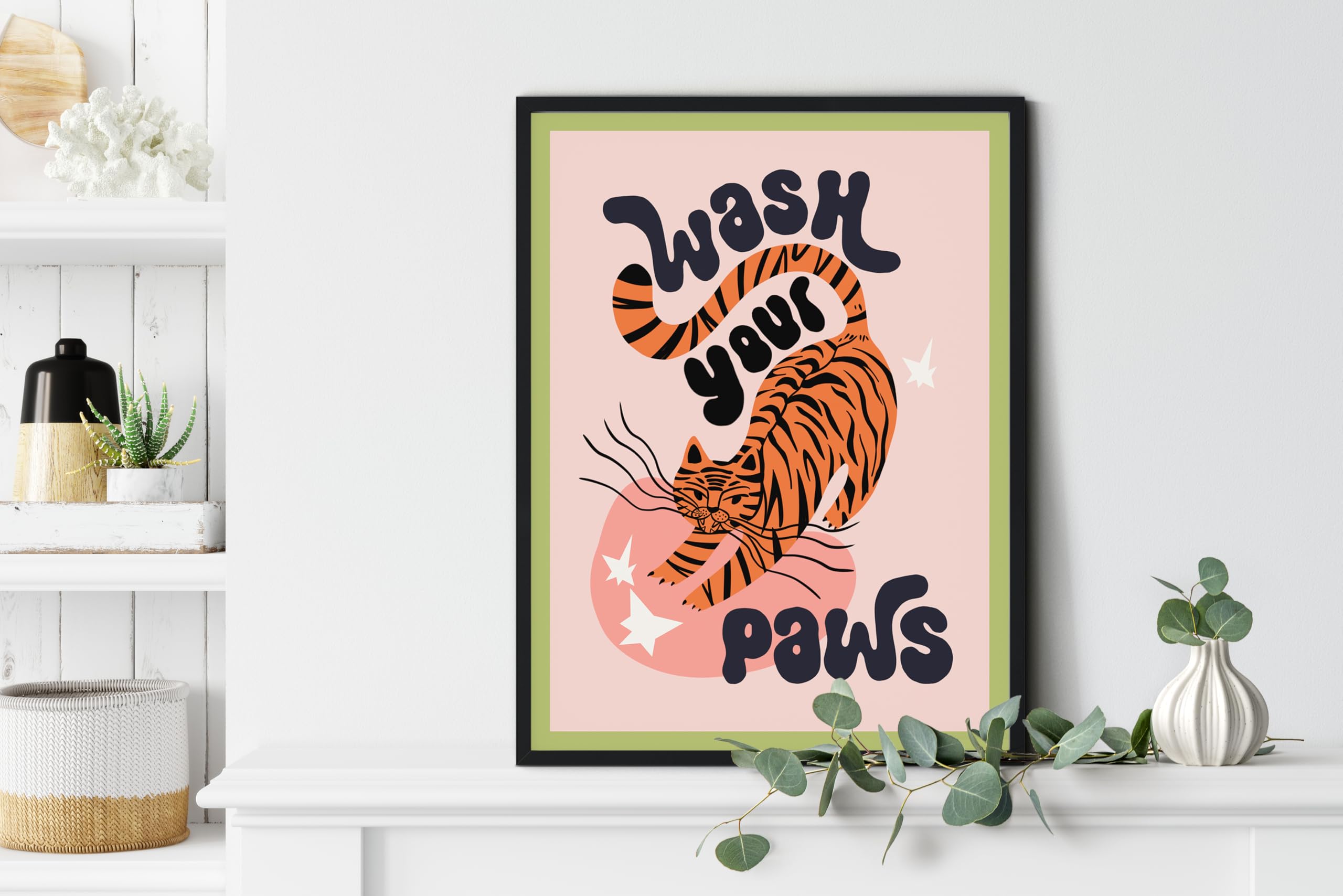 Twodays Funny Bathroom Decor, Funky Maximalist Toilet Wall Art, Tiger Wash Your Paws Posters, Large Eclectic Trendy Colourful An