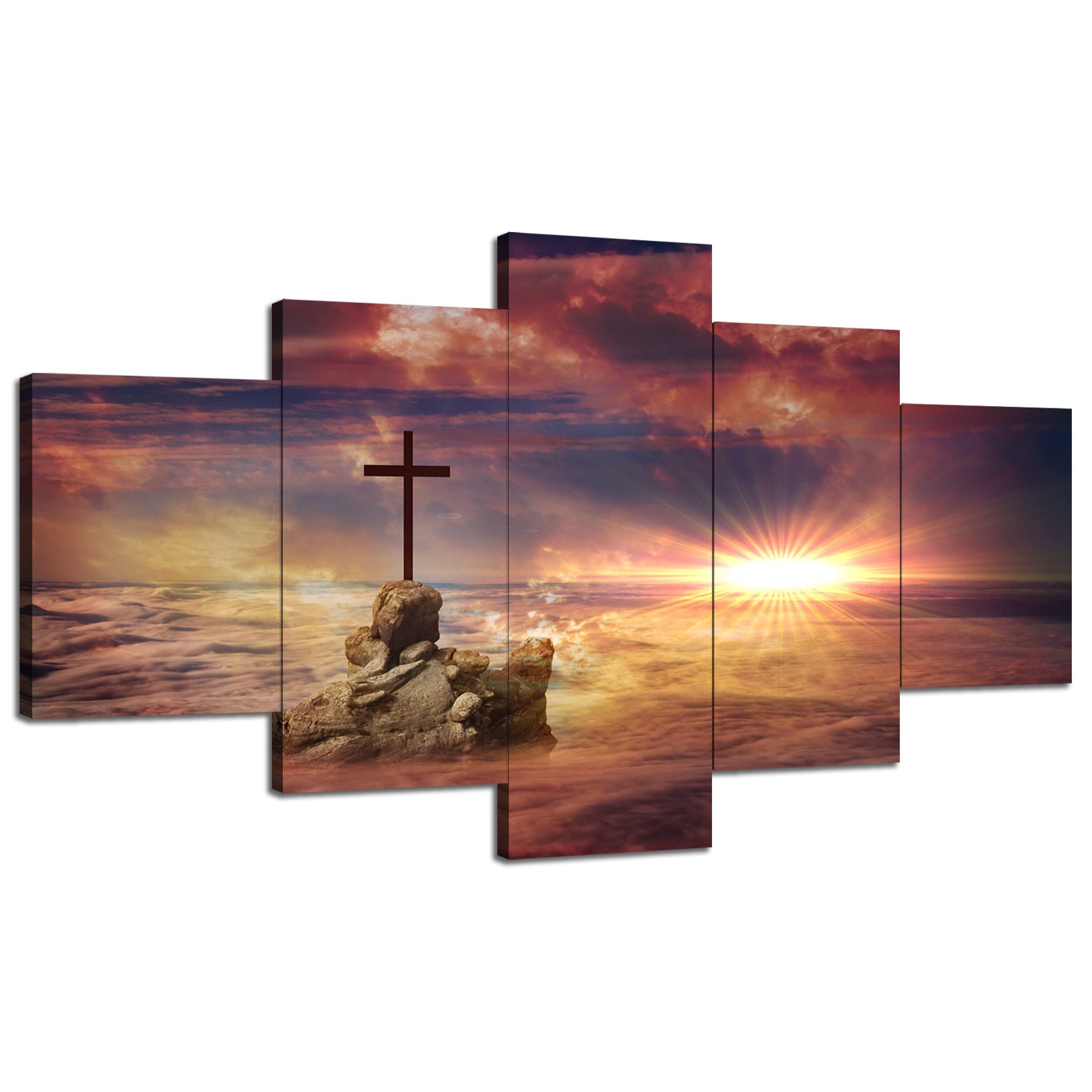 Cross on a Rock Wall Decor Religious Jesus Christ Spiritual Wall Art Picture Canvas Print Christian Poster Painting Framed Home Living Room Bedroom Decoration Ready to Hang(60''Wx32''H)