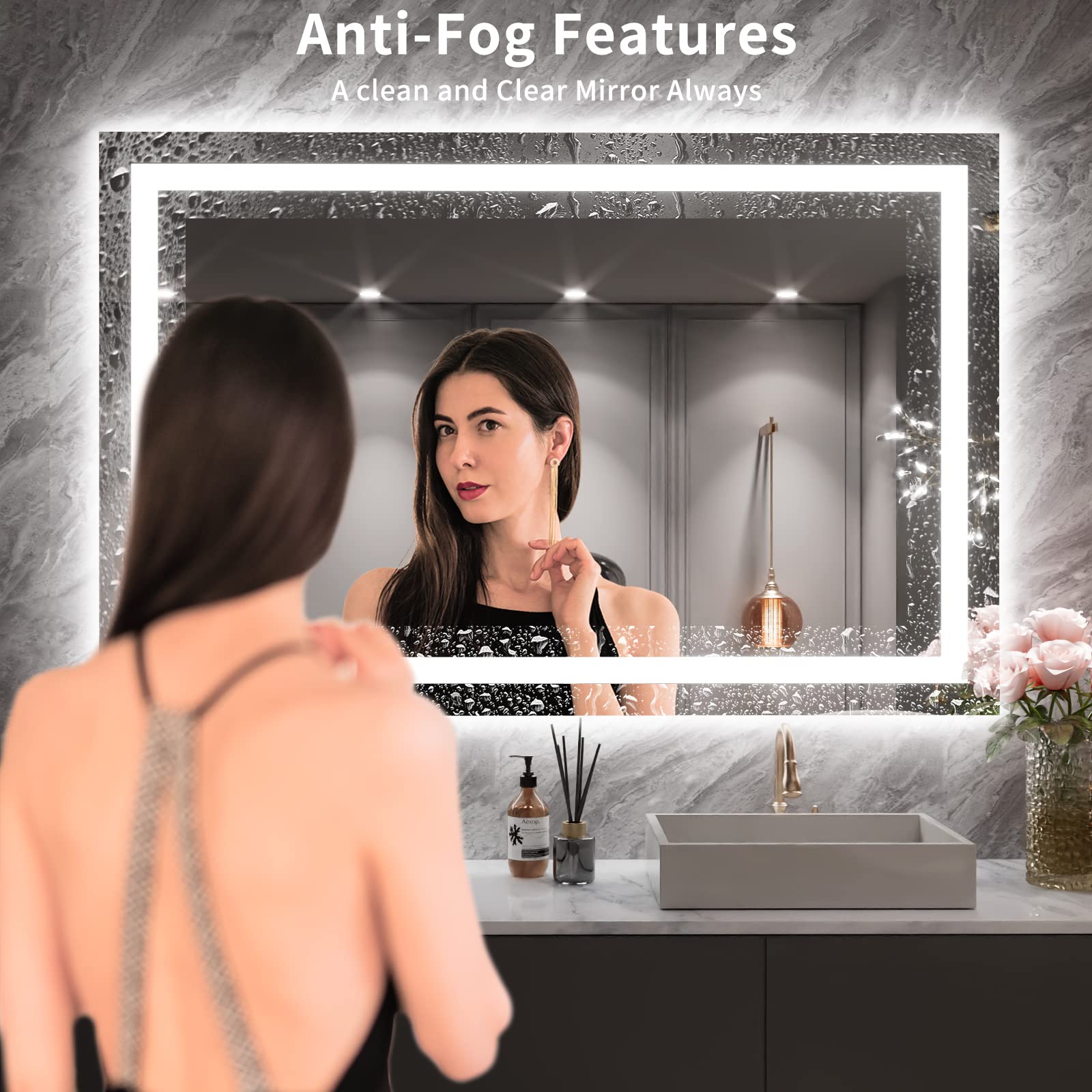 Loaao 55X36 Led Bathroom Mirror With Lights, Anti-Fog, Dimmable, Backlit + Front Lit, Lighted Bathroom Vanity Mirror For Wall, M