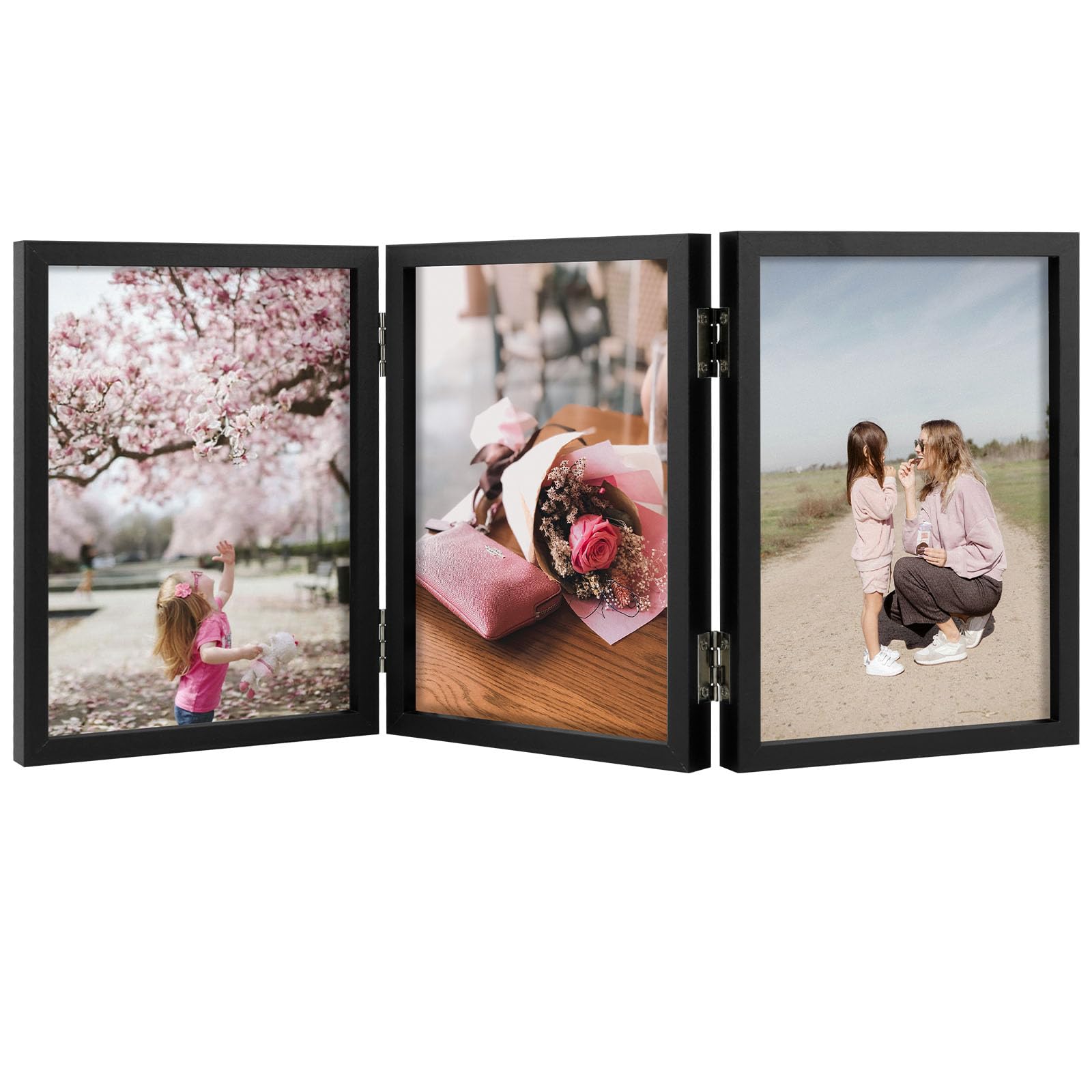 5x7 Triple Hinged Frames, 3 Folding Picture Frame, Triptych Photo Frame, Stand Vertically on Desktop or Tabletop, Black