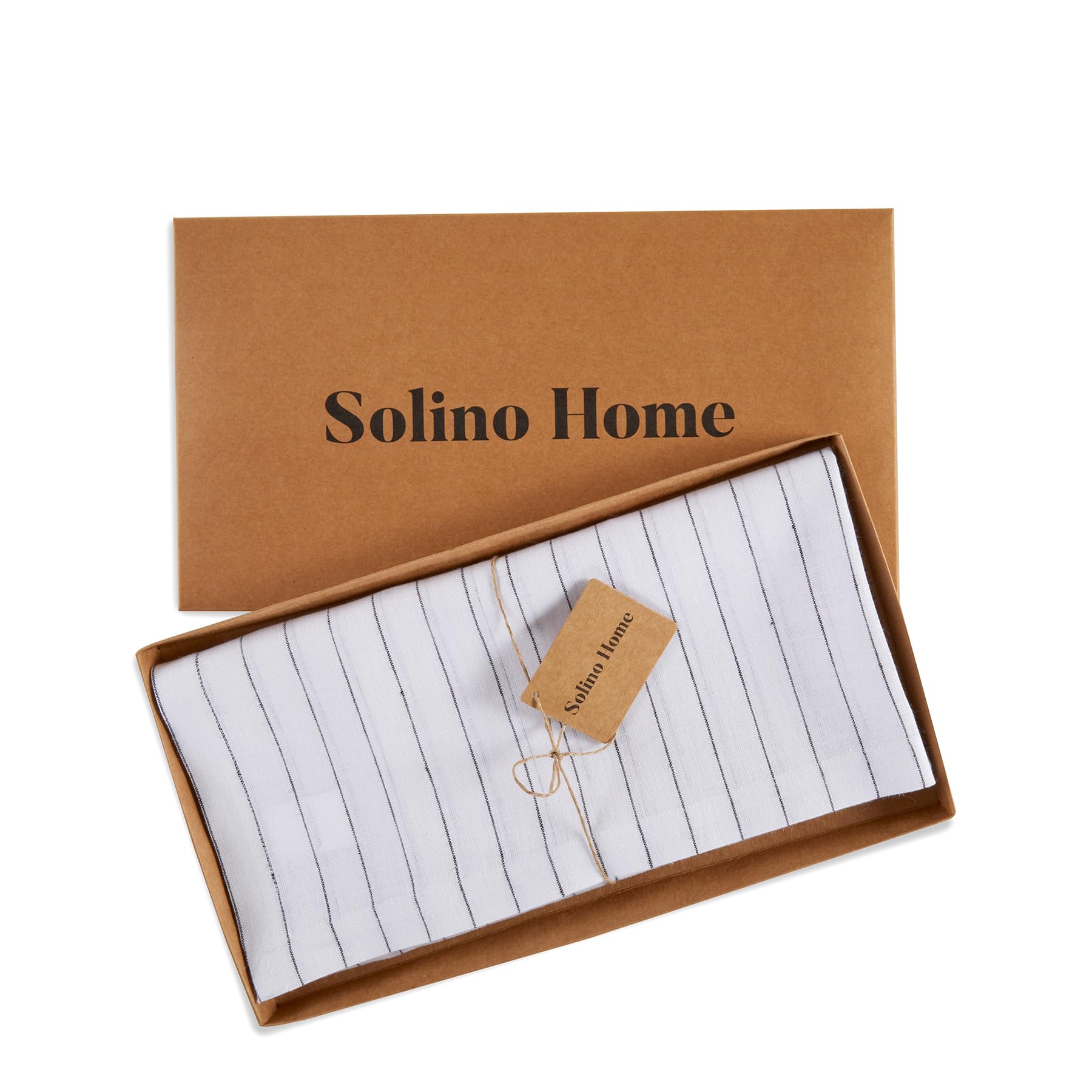 Solino Home Pinstripe Linen Tablecloth 52 X 52 Inch - 100% Pure Linen White And Black Table Throw For Spring, Easter - Handcraft