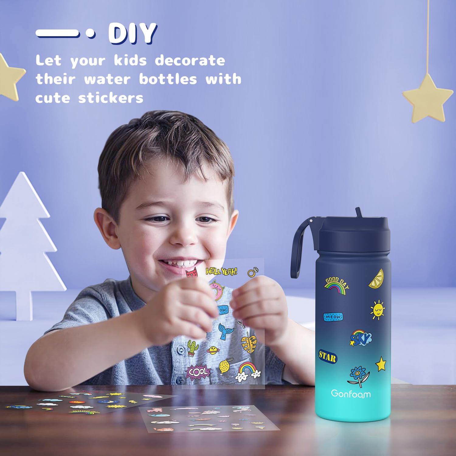 Kids Water Bottle, 12oz Water Bottles Kids with Straw and Stickers, Stainless Steel Vacuum Double Wall Insulated cup, Kids Water