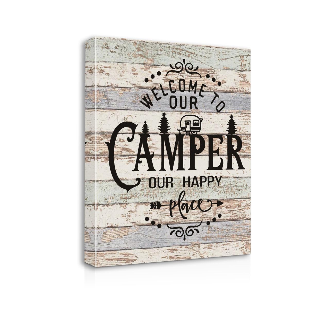 Welcome To Our Camper Our Happy Place Canvas Wall Art Prints Artwork Signs Framed For Rv Room Bathroom Trailer Decor, 11 X 14 In