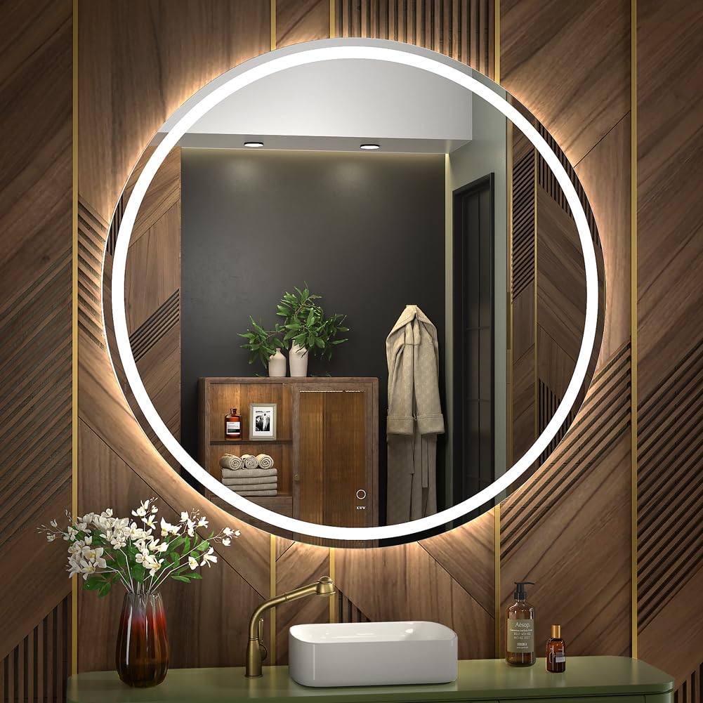 Kww 40 Inch Large Modern Led Round Bathroom Vanity Mirror, Color Temperature Adjustable, Anti-Fog Dimmable Lights, Easy To Insta