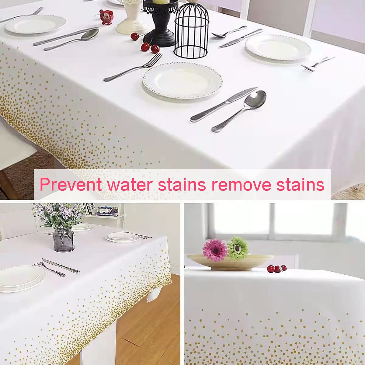 Jepeux 2 Packaging White And Gold Plastic Tablecloth, 54 Inch X108 Inch Rectangular Disposable Dot Party Table Cover, Suitable F