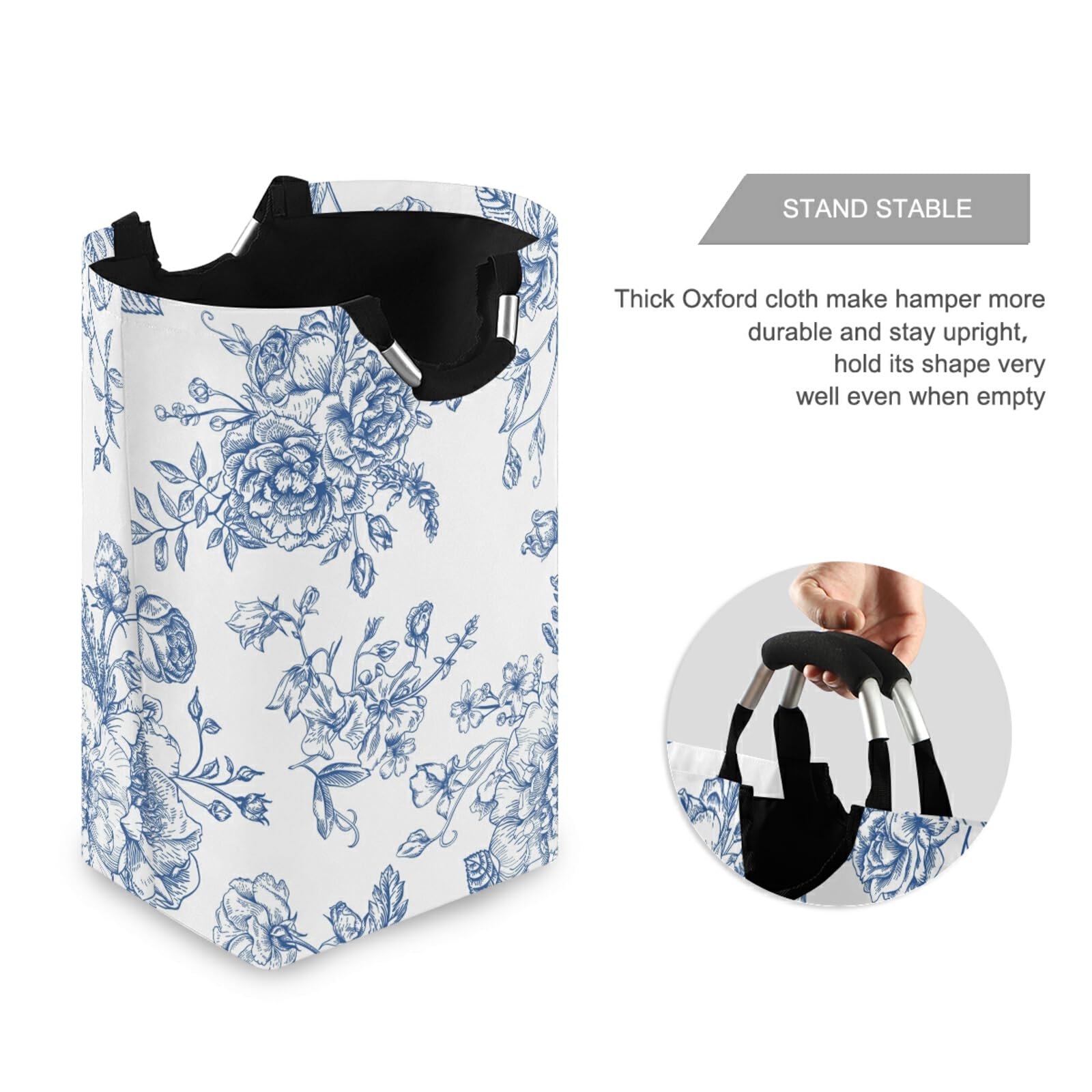 AGONA Blue Flowers Laundry Basket with Handles Large Storage Bin Collapsible Fabric Laundry Hamper Foldable Laundry Bag for Dirt