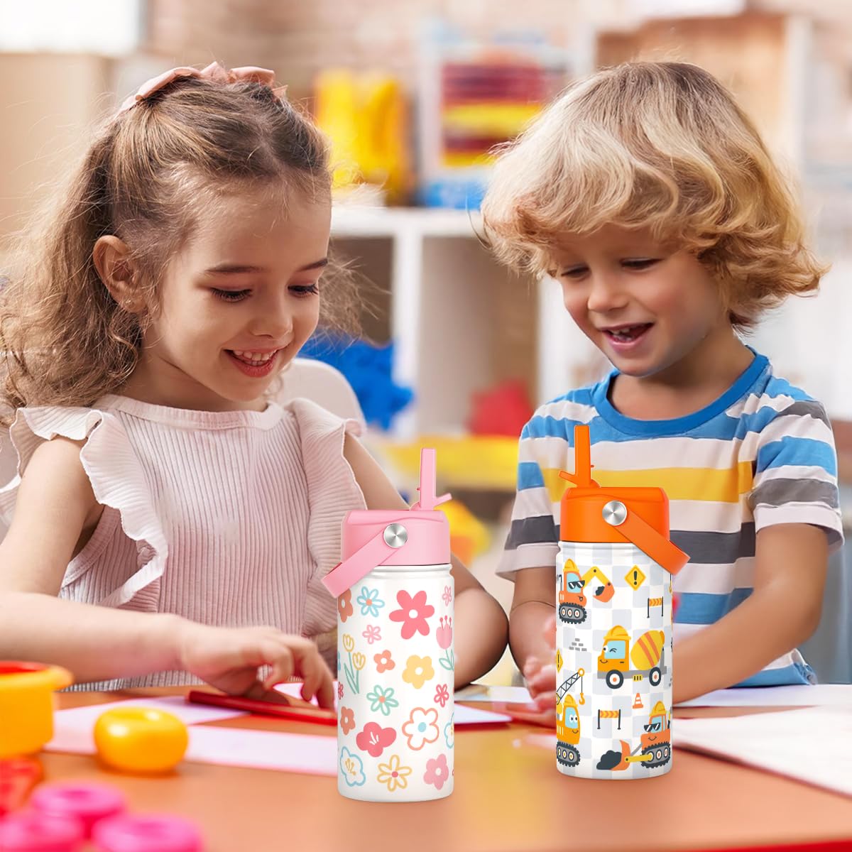 Kids Water Bottle Stainless Steel with Straw Lid, Floral Water Bottle 12oz, Travel Tumbler, Gifts for Girls, Birthday, Christmas