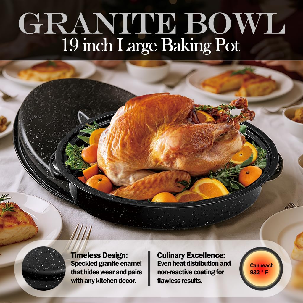 19    Turkey Roasting Pan Enamel Oval Granite Large Roaster Pan with Lid with 17in Inner Diameter Large Capacity Suitable for Th