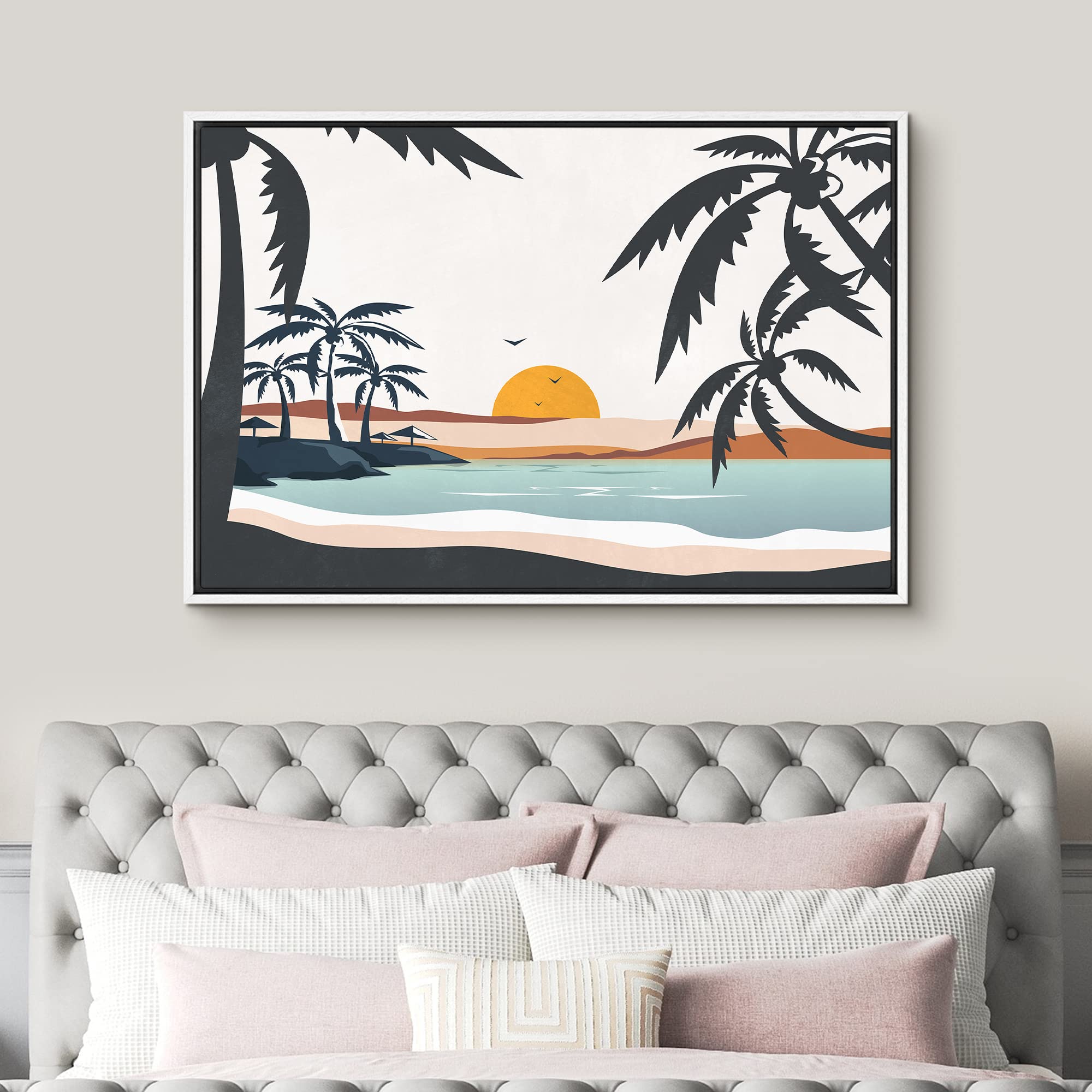 Signford Framed Canvas Print Wall Art Pastel Ocean Sunshine Sunset Horizon Nature Wilderness Illustrations Modern Art Decorative