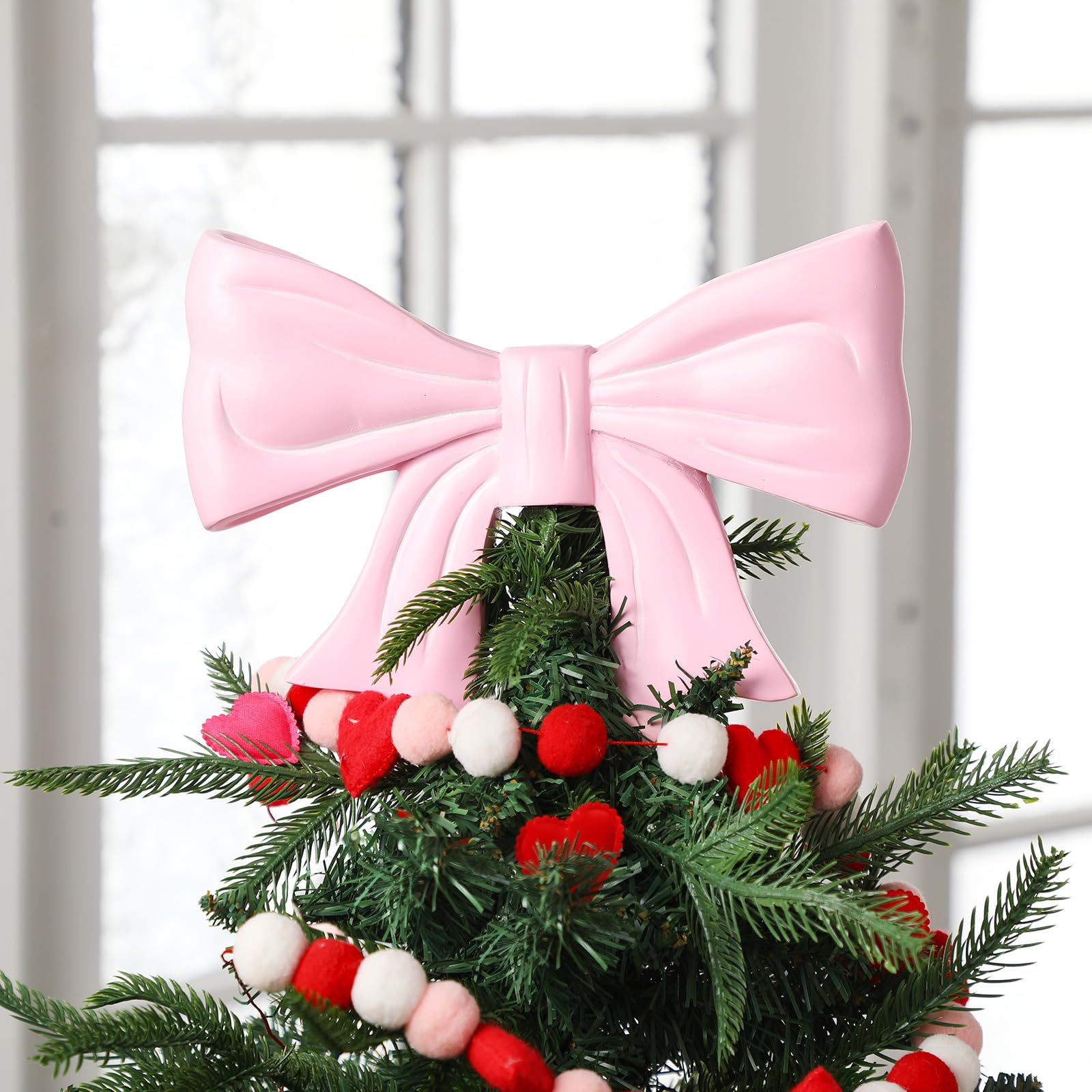 Soulchen Pink Bow Christmas Tree Topper Resin Coquette Bow Tree Topper 6.35x9.05 inch Inch Christmas Ornament for Xmas Holiday P