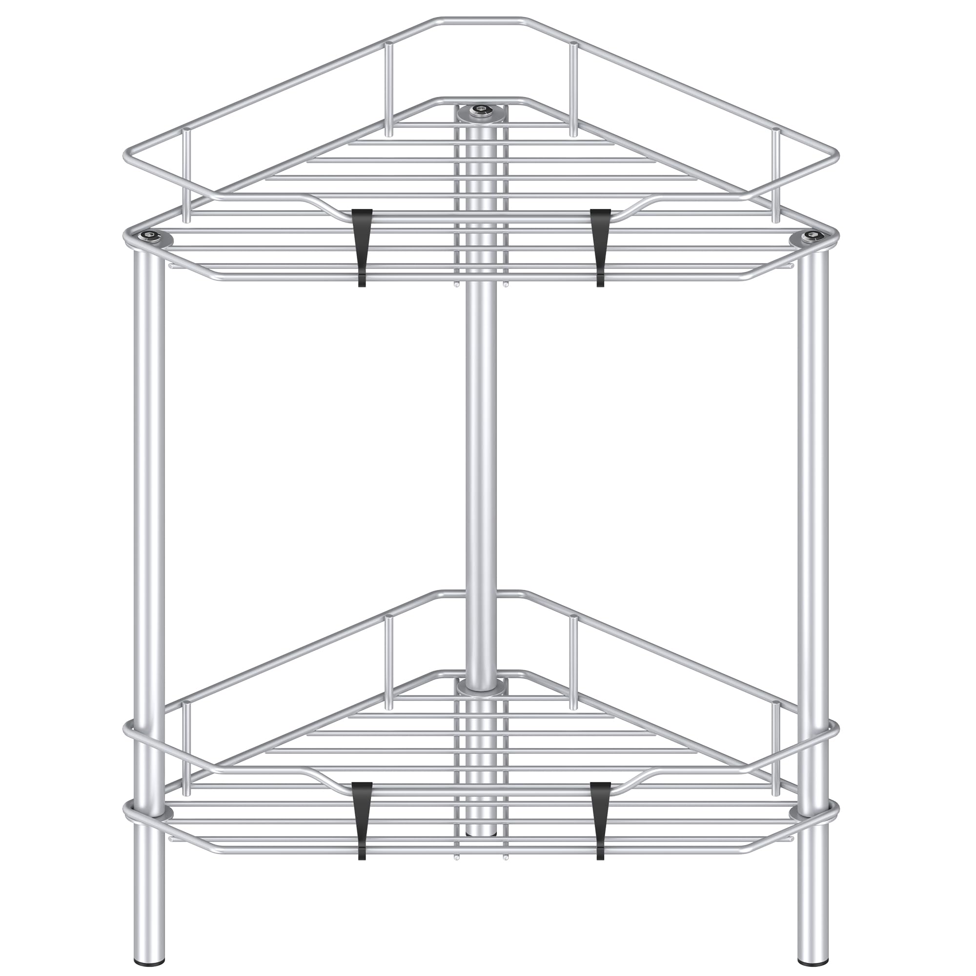 HuggieGems 2 Tier Floor Standing Corner Shower Caddy Organizer Shelf with Hooks, Bathroom Shelves Stand Rack, Silver