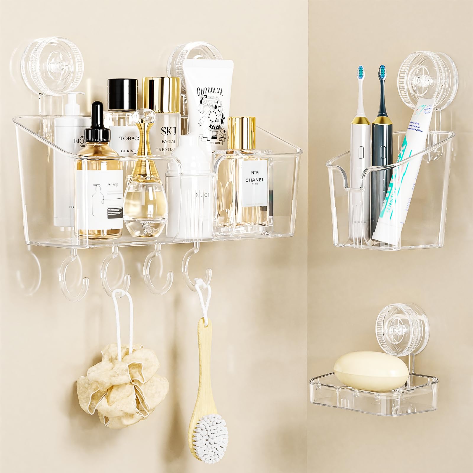 Shower Caddy Suction Cup 3 Packs Clear White - Shower Shelf+Soap Dish+Toothbrush Holder - 1 Second Installation No-Drilling Remo