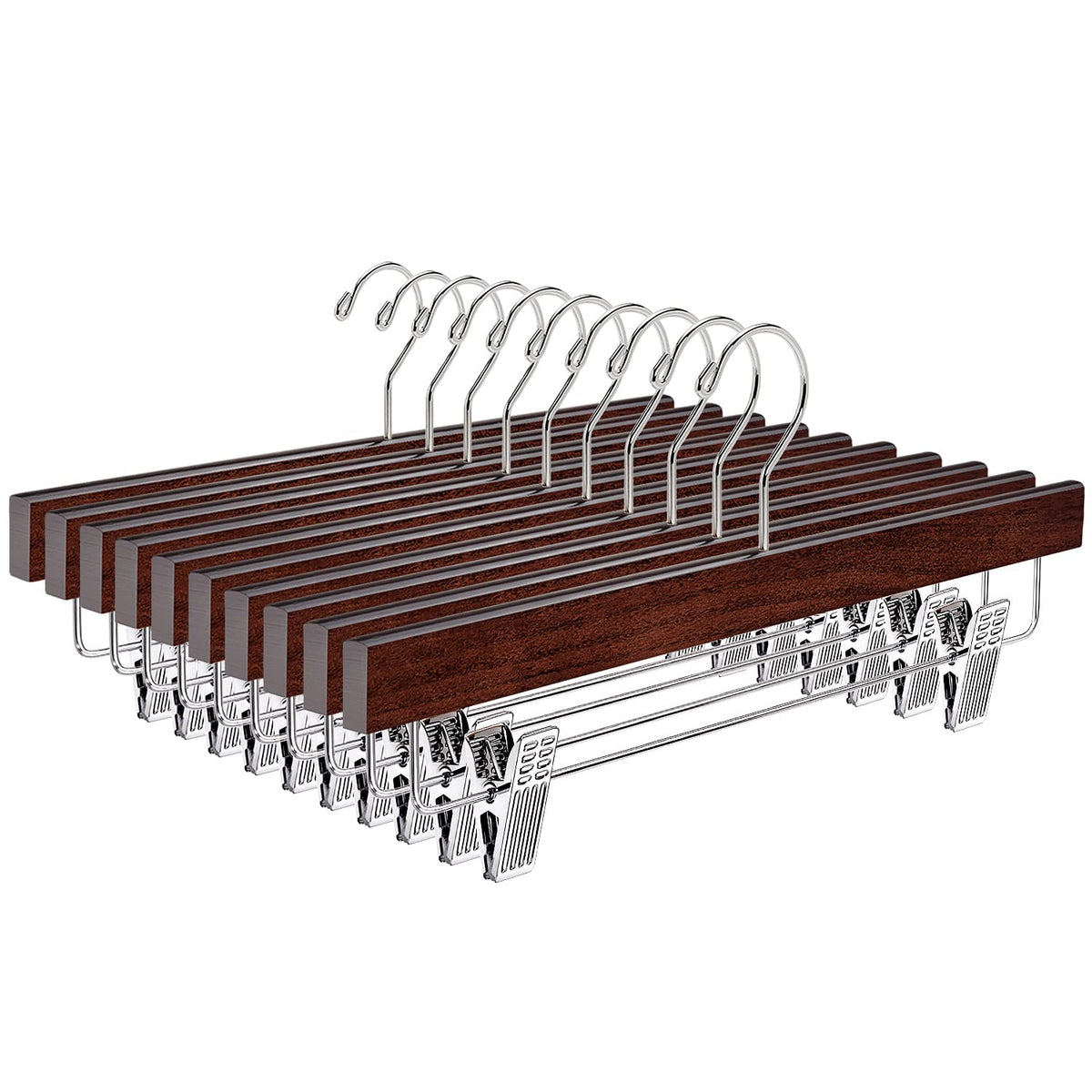 Amber Home 10 Pack Retro Wooden Pants Hangers With Clips, Walnut Wood Skirt Hangers Trouser Hangers For Jeans, Slacks, Shorts Wi